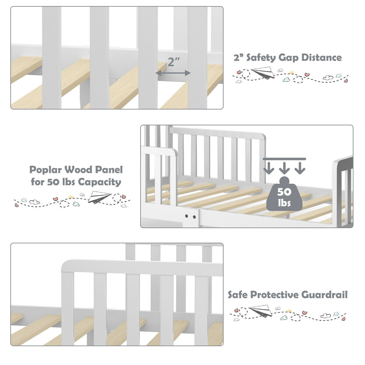 Classic Design Kids Wood Toddler Bed Frame with Two Side Safety Guardrails-White Kids Crystal