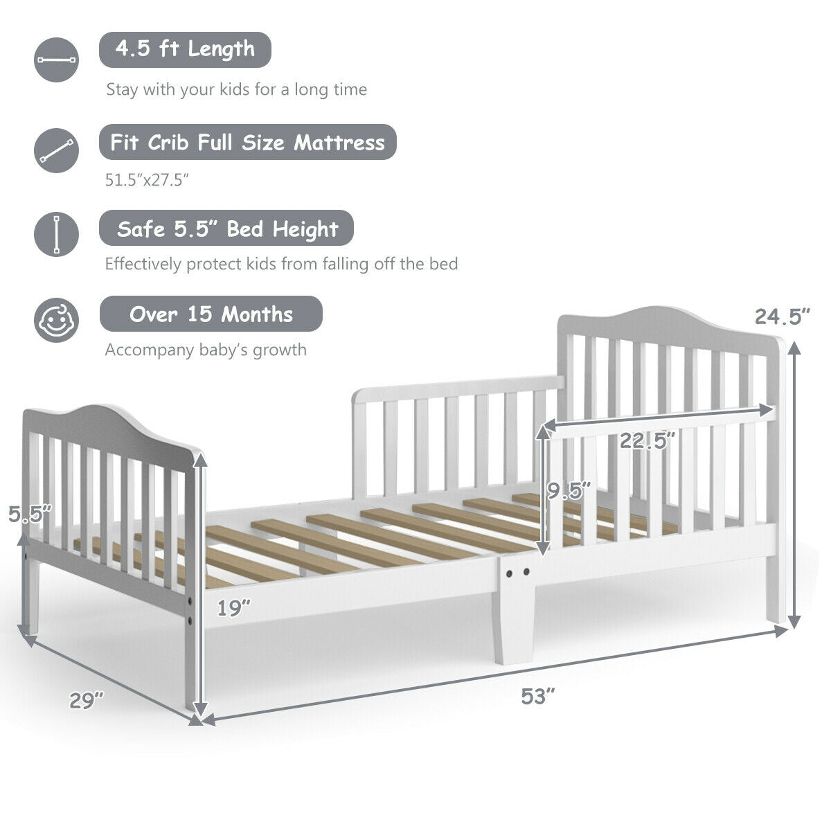 Classic Design Kids Wood Toddler Bed Frame with Two Side Safety Guardrails-White Kids Crystal