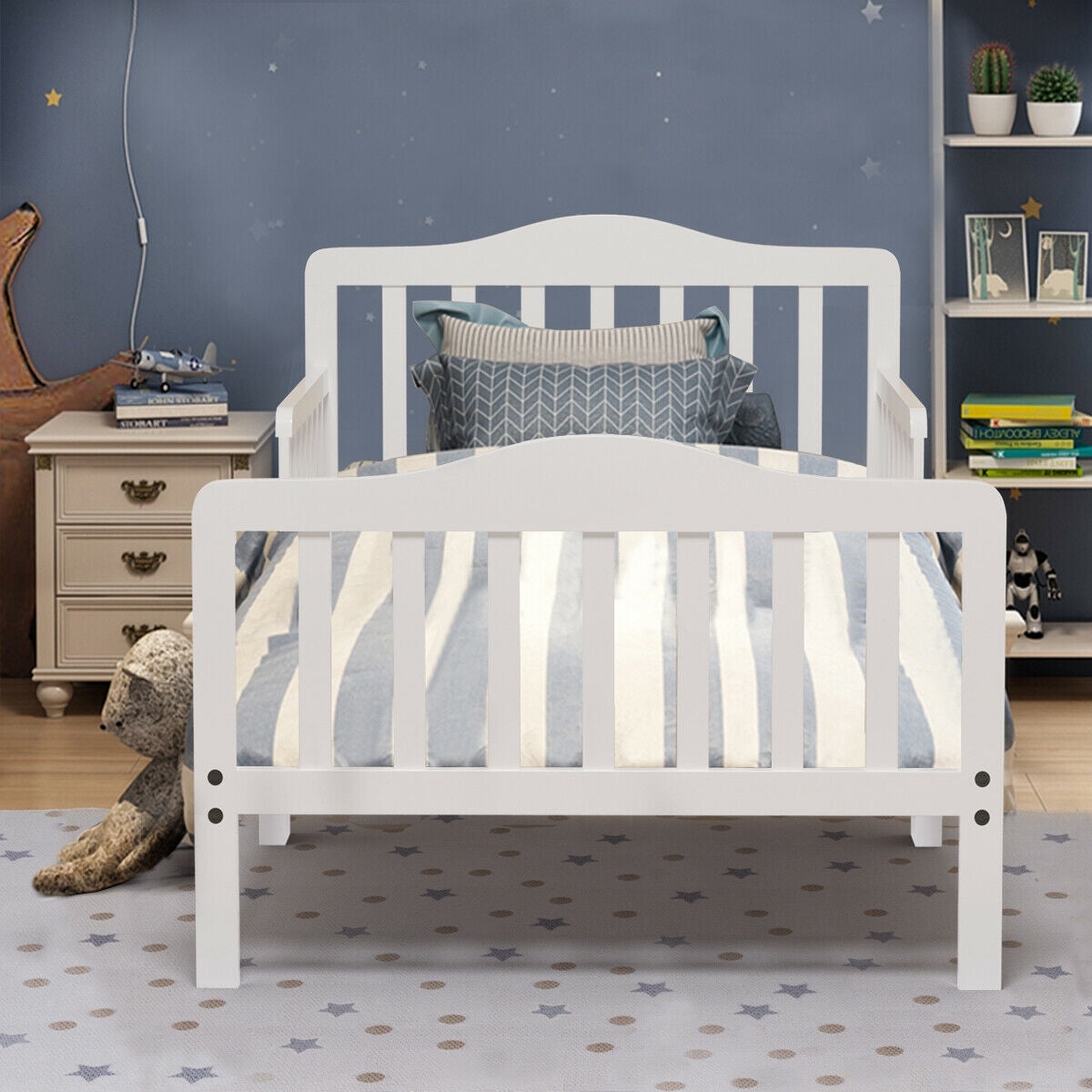 Classic Design Kids Wood Toddler Bed Frame with Two Side Safety Guardrails-White Kids Crystal