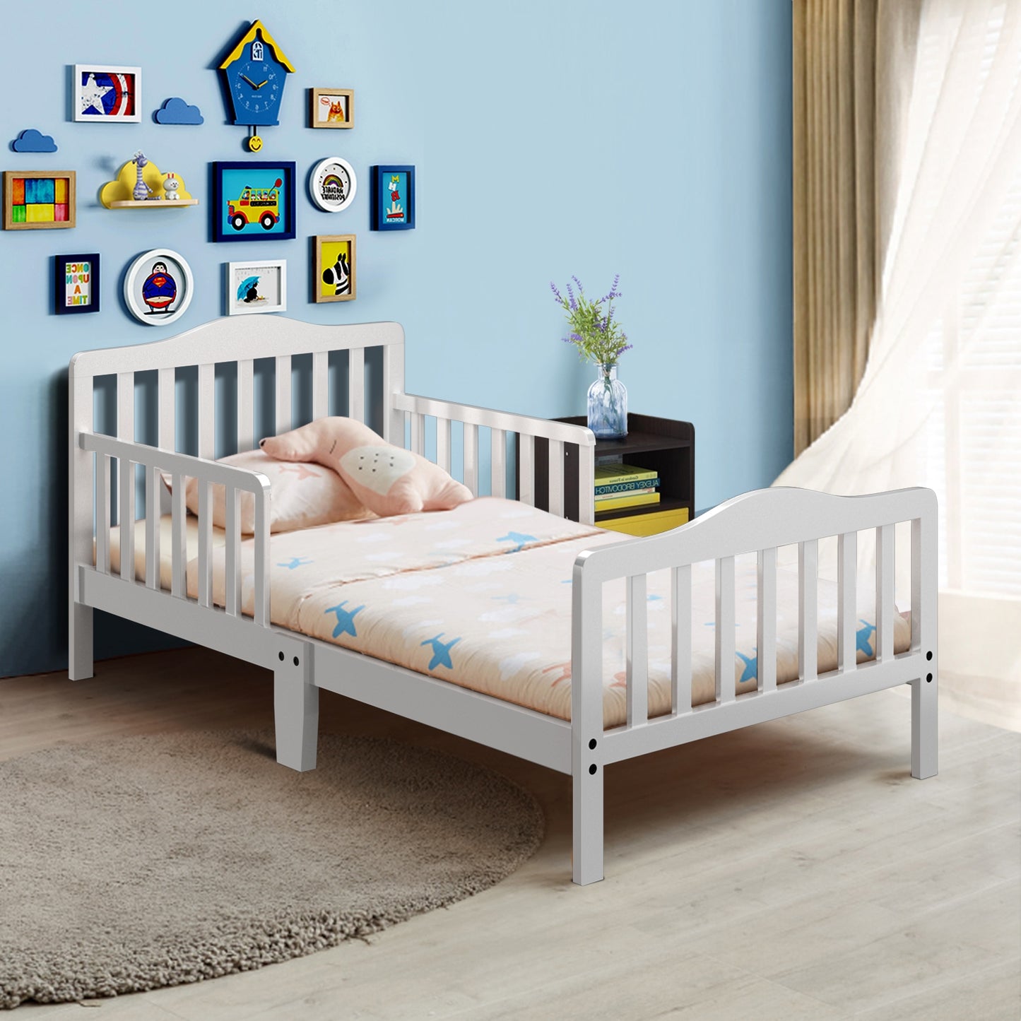 Classic Design Kids Wood Toddler Bed Frame with Two Side Safety Guardrails-White Kids Crystal