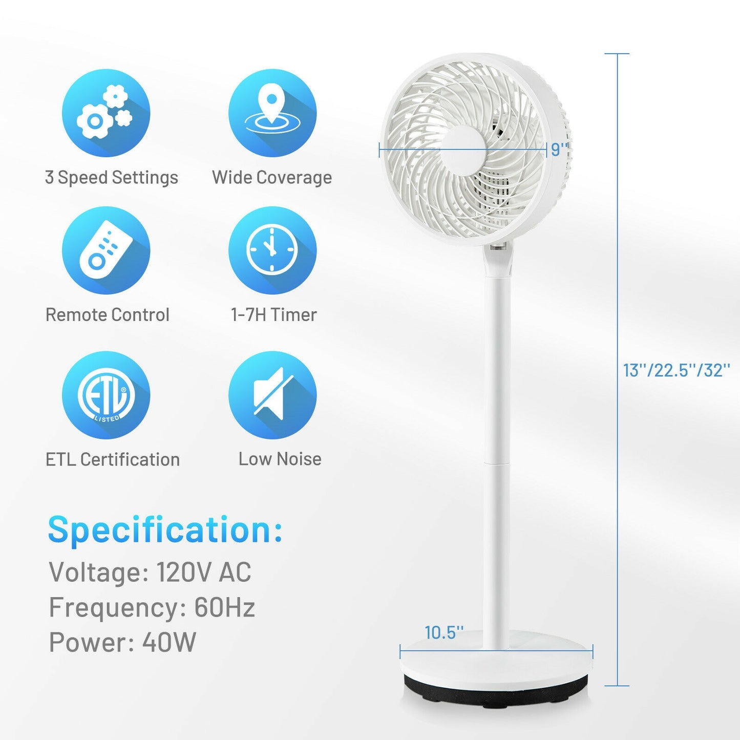 9 Inch Portable Oscillating Pedestal Floor Fan with Adjustable Heights and Speeds-White Kids Crystal
