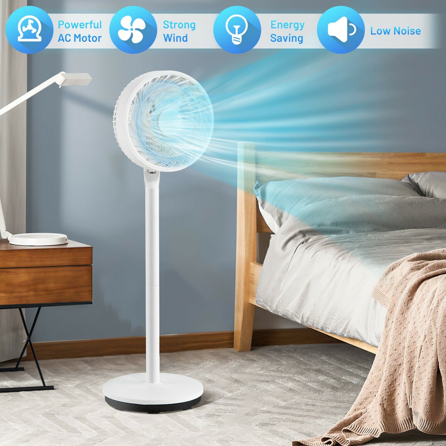 9 Inch Portable Oscillating Pedestal Floor Fan with Adjustable Heights and Speeds-White Kids Crystal