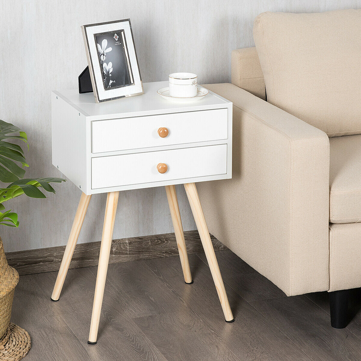 Mid Century Modern 2 Drawers Nightstand in Natural-White Kids Crystal