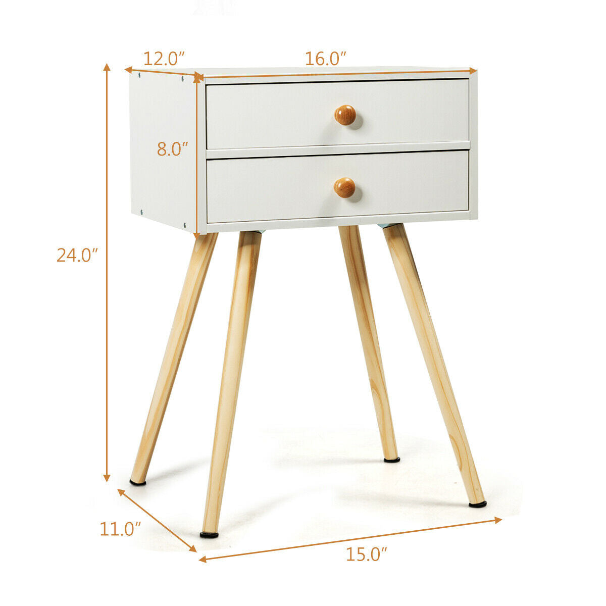 Mid Century Modern 2 Drawers Nightstand in Natural-White Kids Crystal