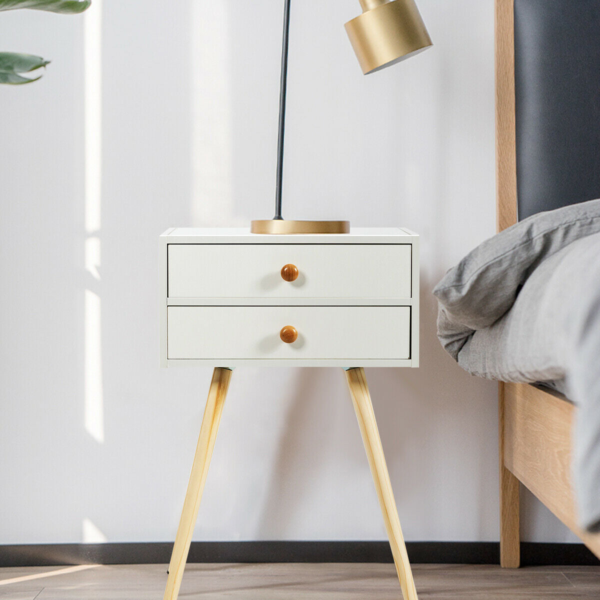 Mid Century Modern 2 Drawers Nightstand in Natural-White Kids Crystal