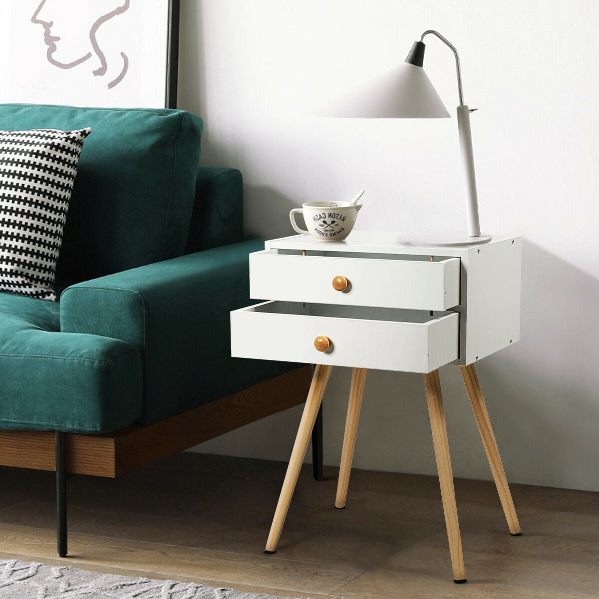 Mid Century Modern 2 Drawers Nightstand in Natural-White Kids Crystal