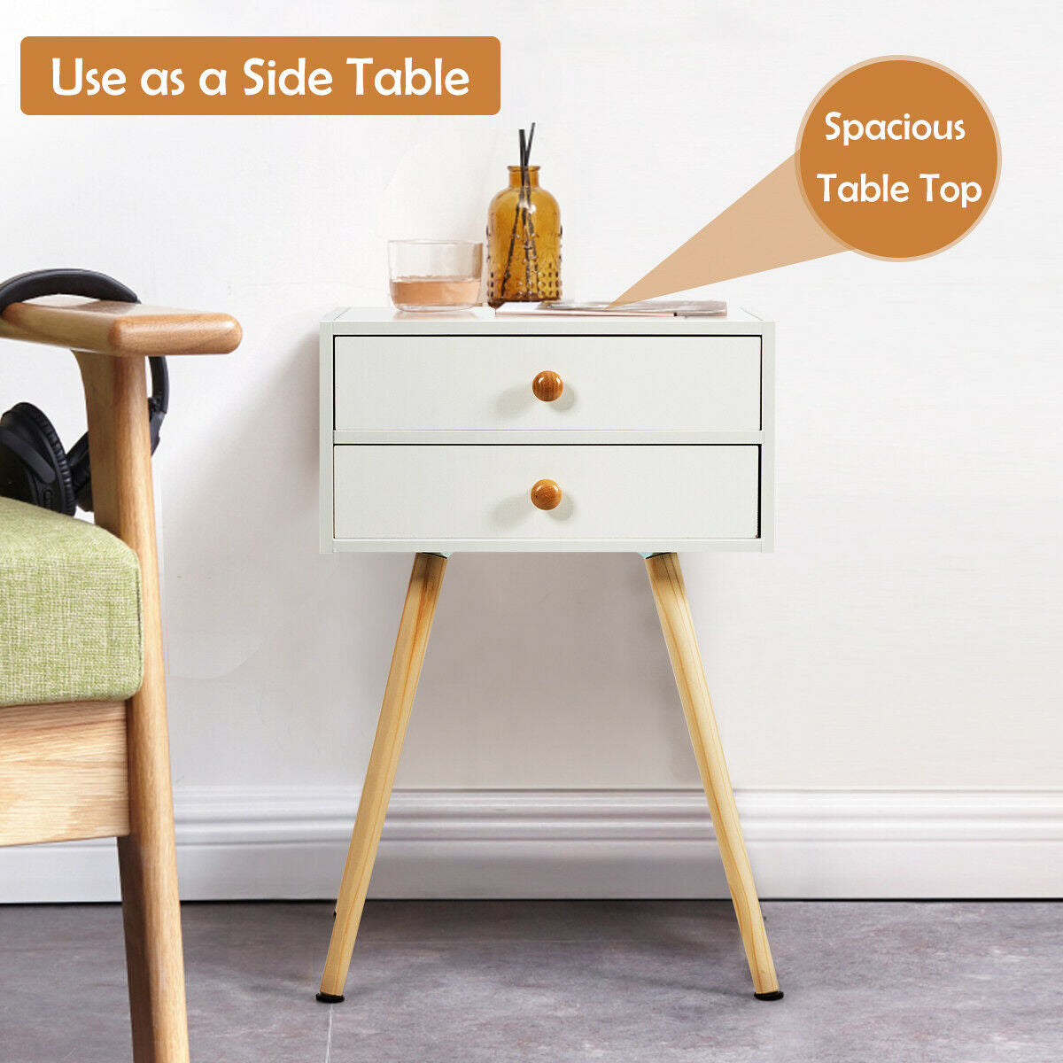 Mid Century Modern 2 Drawers Nightstand in Natural-White Kids Crystal