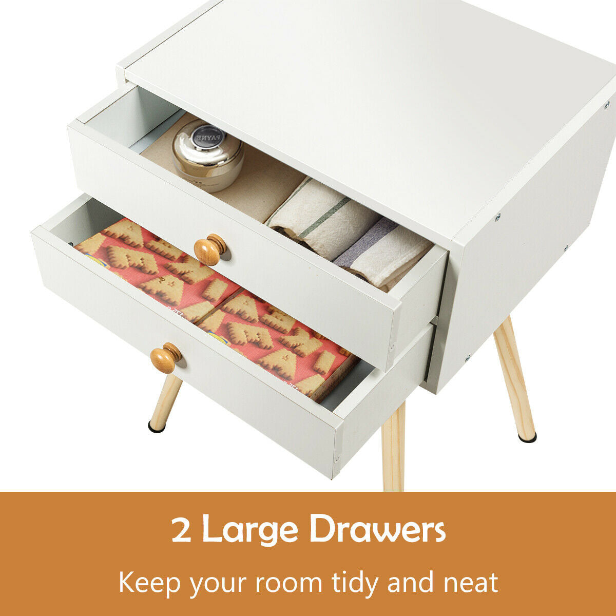 Mid Century Modern 2 Drawers Nightstand in Natural-White Kids Crystal