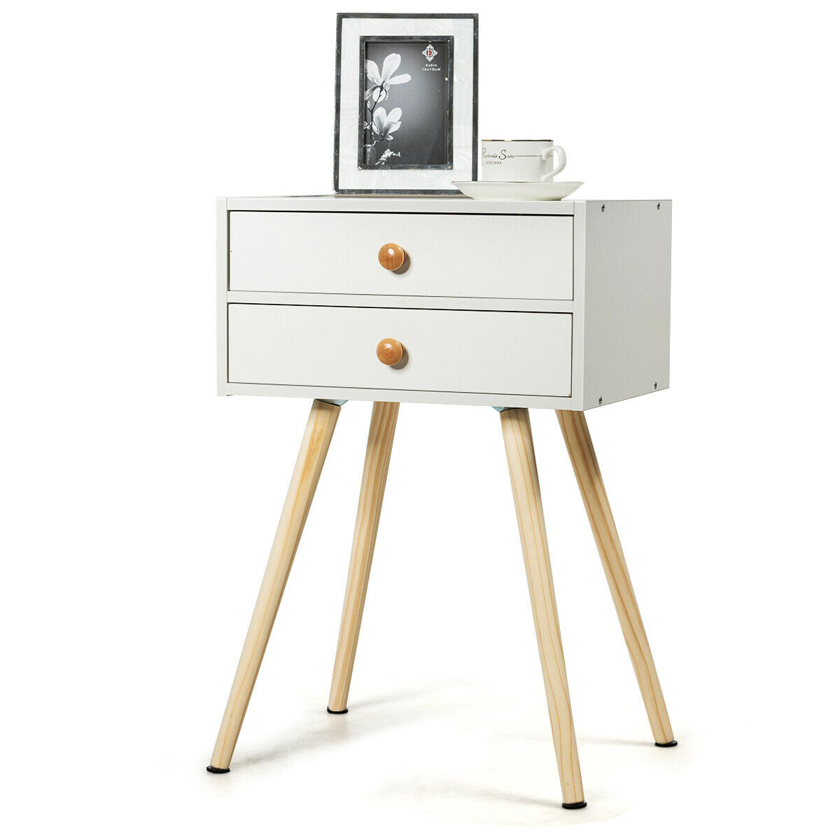 Mid Century Modern 2 Drawers Nightstand in Natural-White Kids Crystal