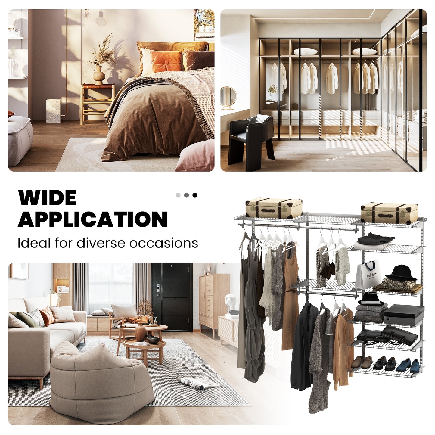 Adjustable Closet Organizer Kit with Shelves and Hanging Rods for 4 to 6 FT-Gray Kids Crystal