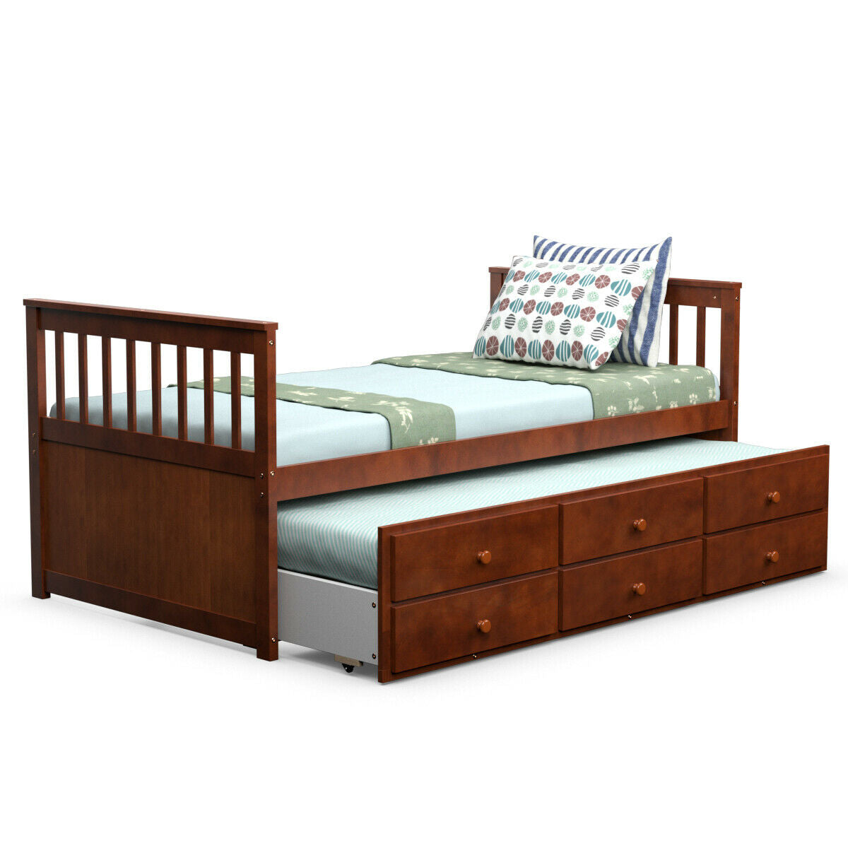 Twin Captain’s Bed with Trundle Bed with 3 Storage Drawers-Walnut Kids Crystal