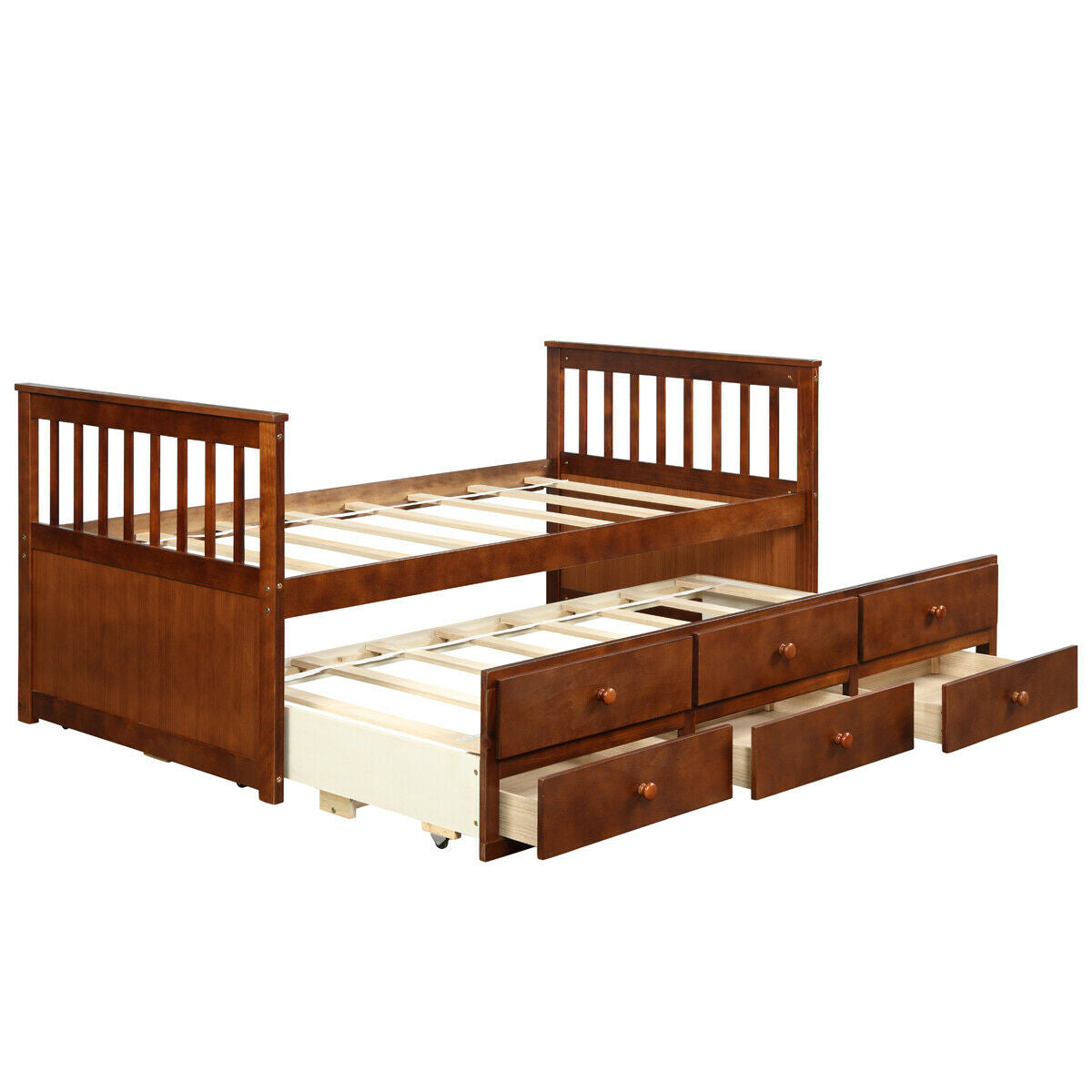 Twin Captain’s Bed with Trundle Bed with 3 Storage Drawers-Walnut Kids Crystal