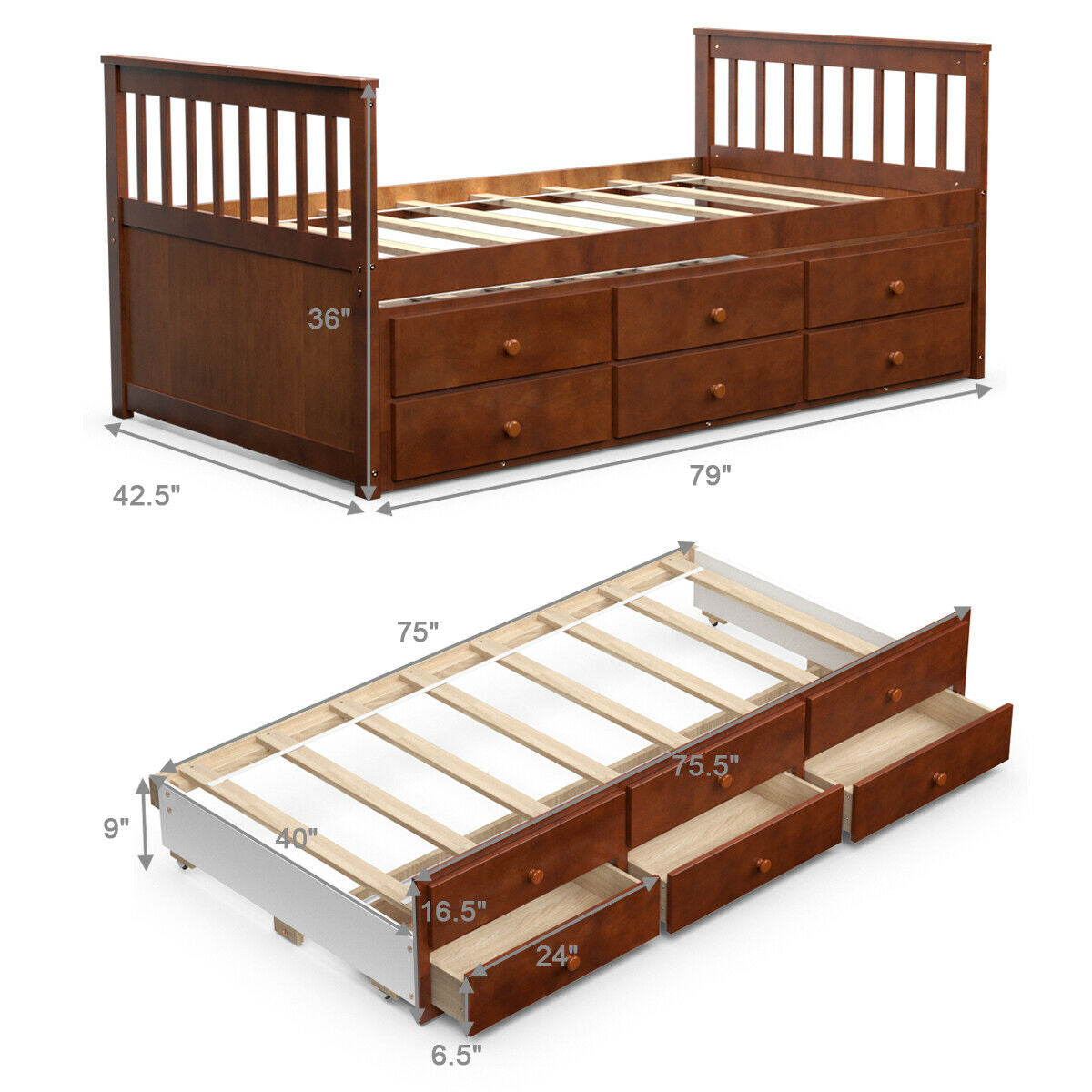 Twin Captain’s Bed with Trundle Bed with 3 Storage Drawers-Walnut Kids Crystal