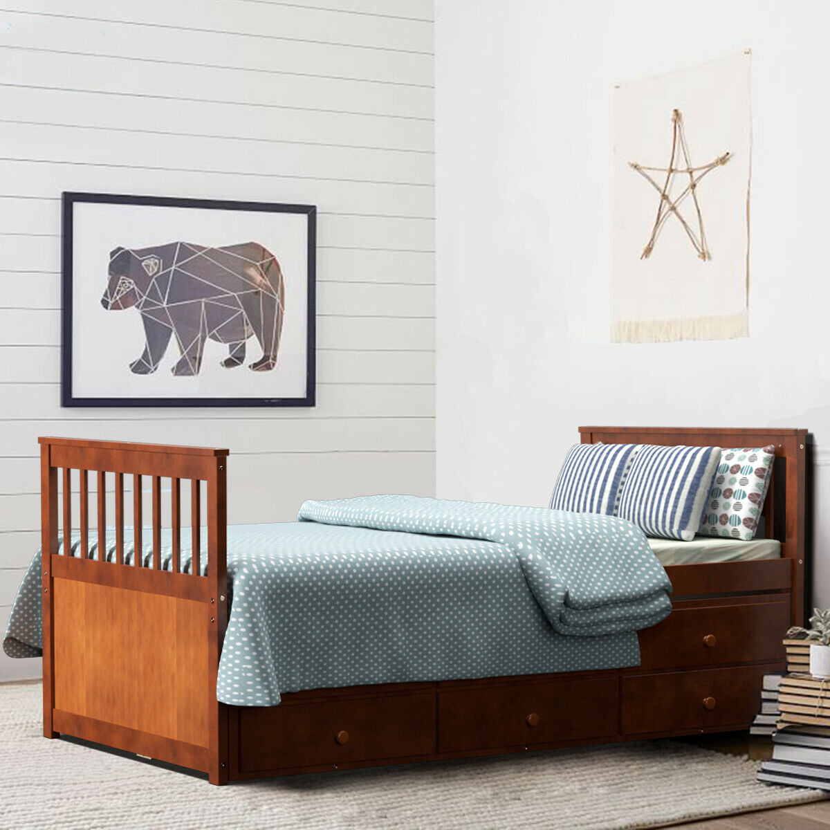 Twin Captain’s Bed with Trundle Bed with 3 Storage Drawers-Walnut Kids Crystal