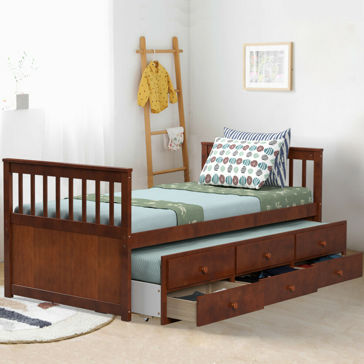 Twin Captain’s Bed with Trundle Bed with 3 Storage Drawers-Walnut Kids Crystal