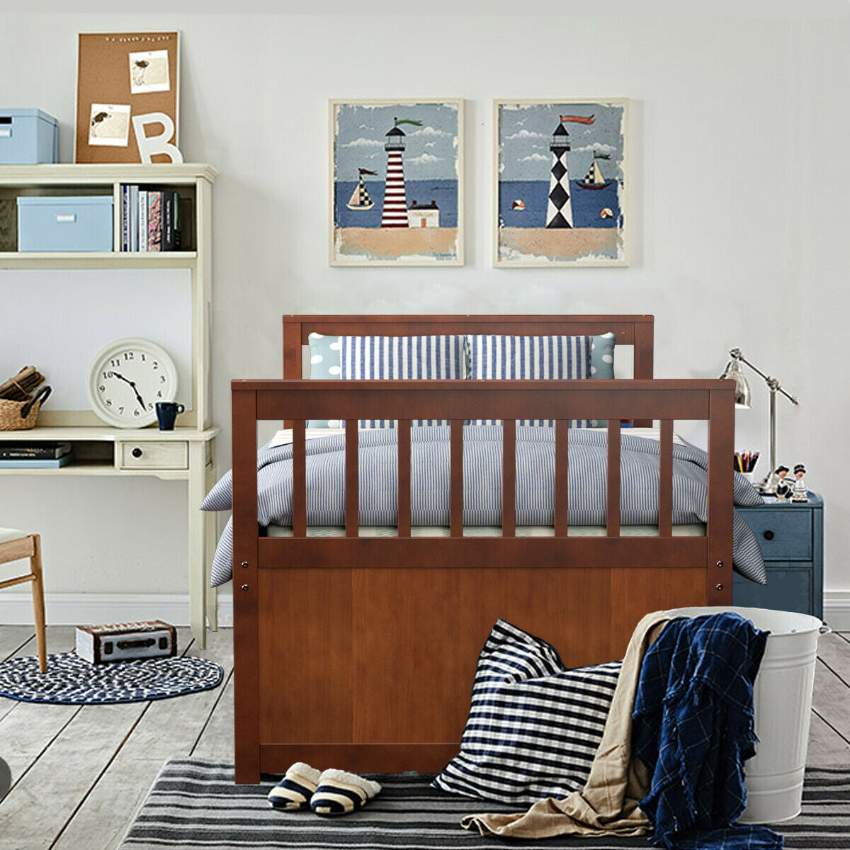 Twin Captain’s Bed with Trundle Bed with 3 Storage Drawers-Walnut Kids Crystal