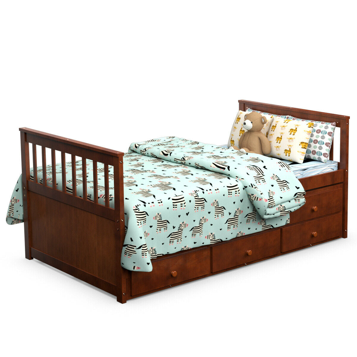 Twin Captain’s Bed with Trundle Bed with 3 Storage Drawers-Walnut Kids Crystal