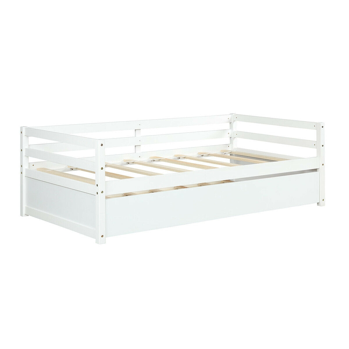 Twin Size Wooden Slat Trundle Platform-White Kids Crystal