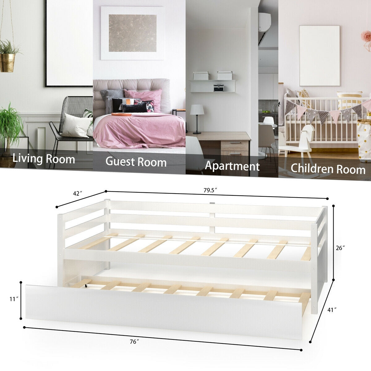 Twin Size Wooden Slat Trundle Platform-White Kids Crystal