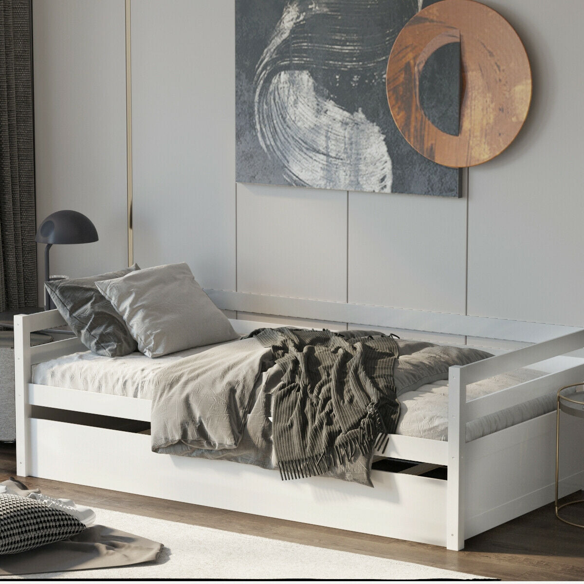 Twin Size Wooden Slat Trundle Platform-White Kids Crystal