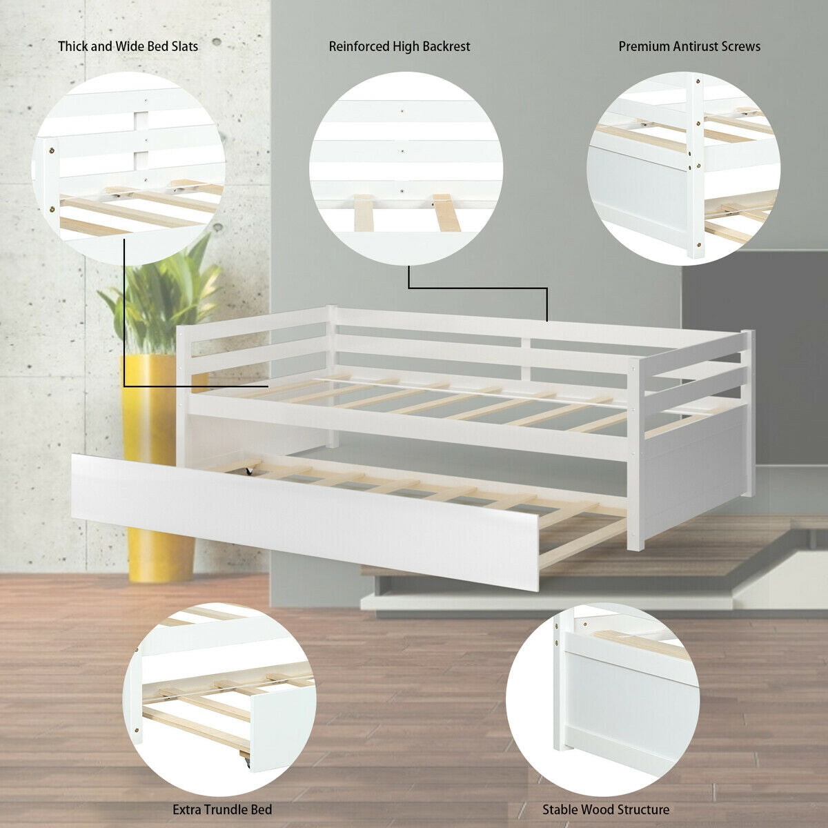 Twin Size Wooden Slat Trundle Platform-White Kids Crystal