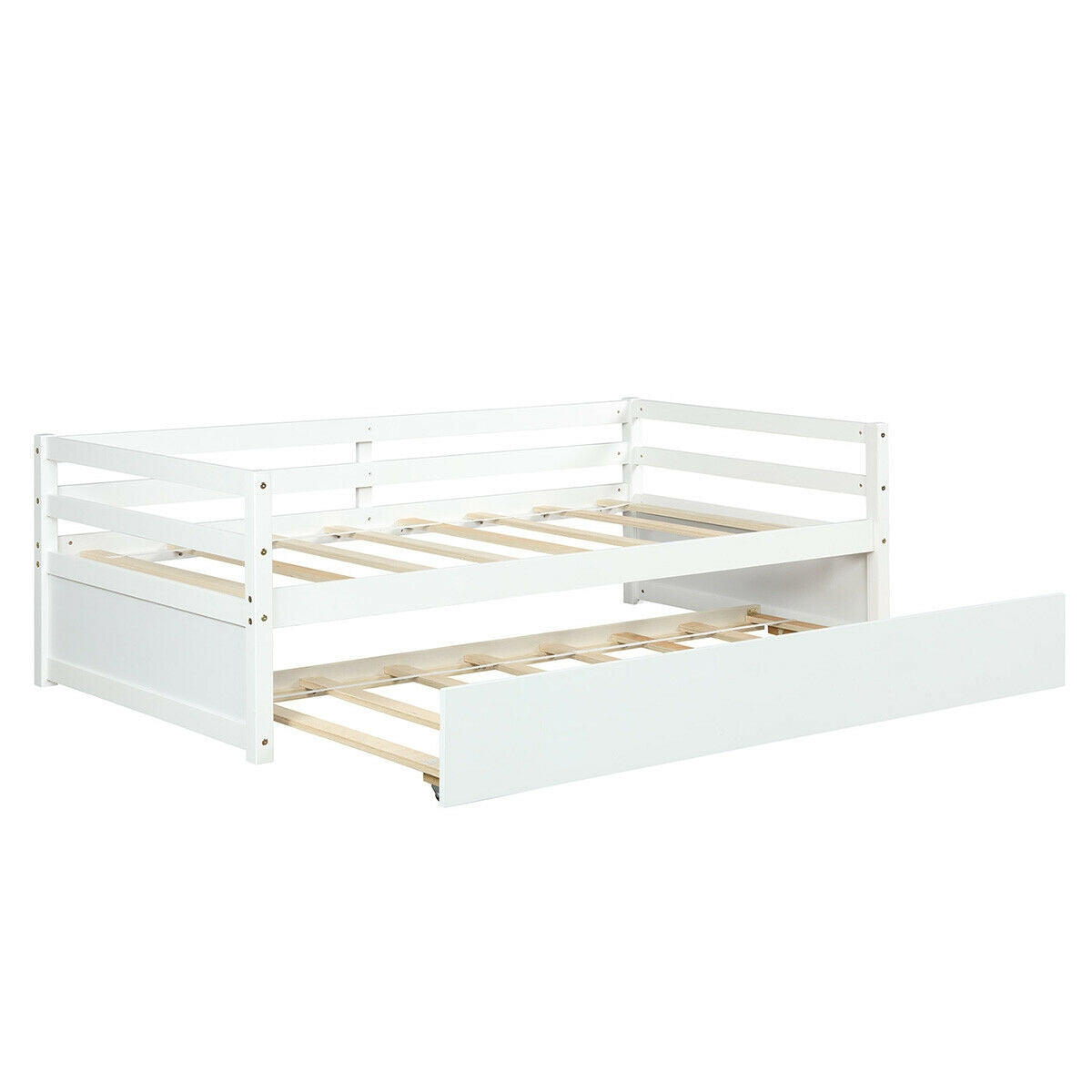 Twin Size Wooden Slat Trundle Platform-White Kids Crystal