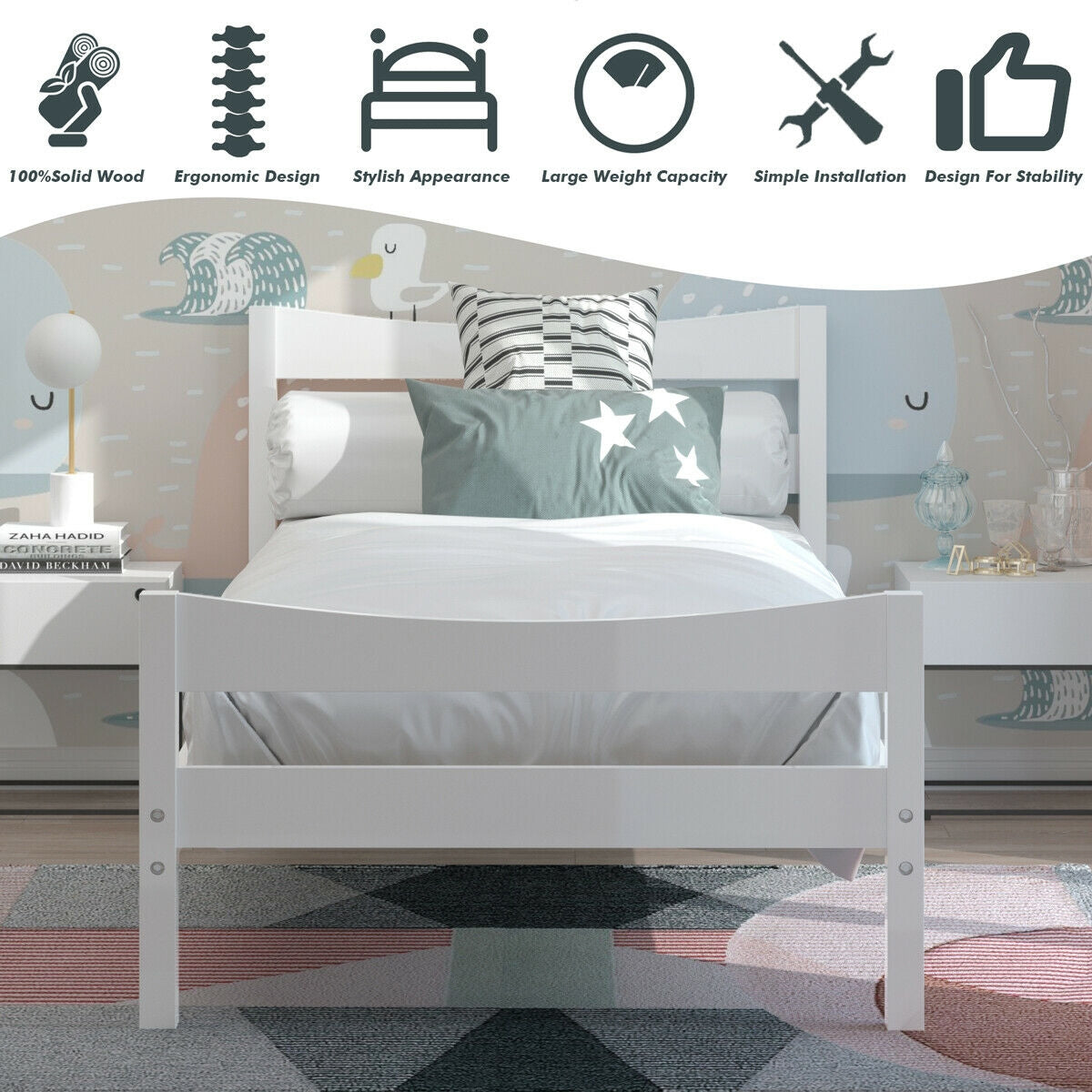 Twin Size Platform Bed Frame Foundation Slat Support -White Kids Crystal