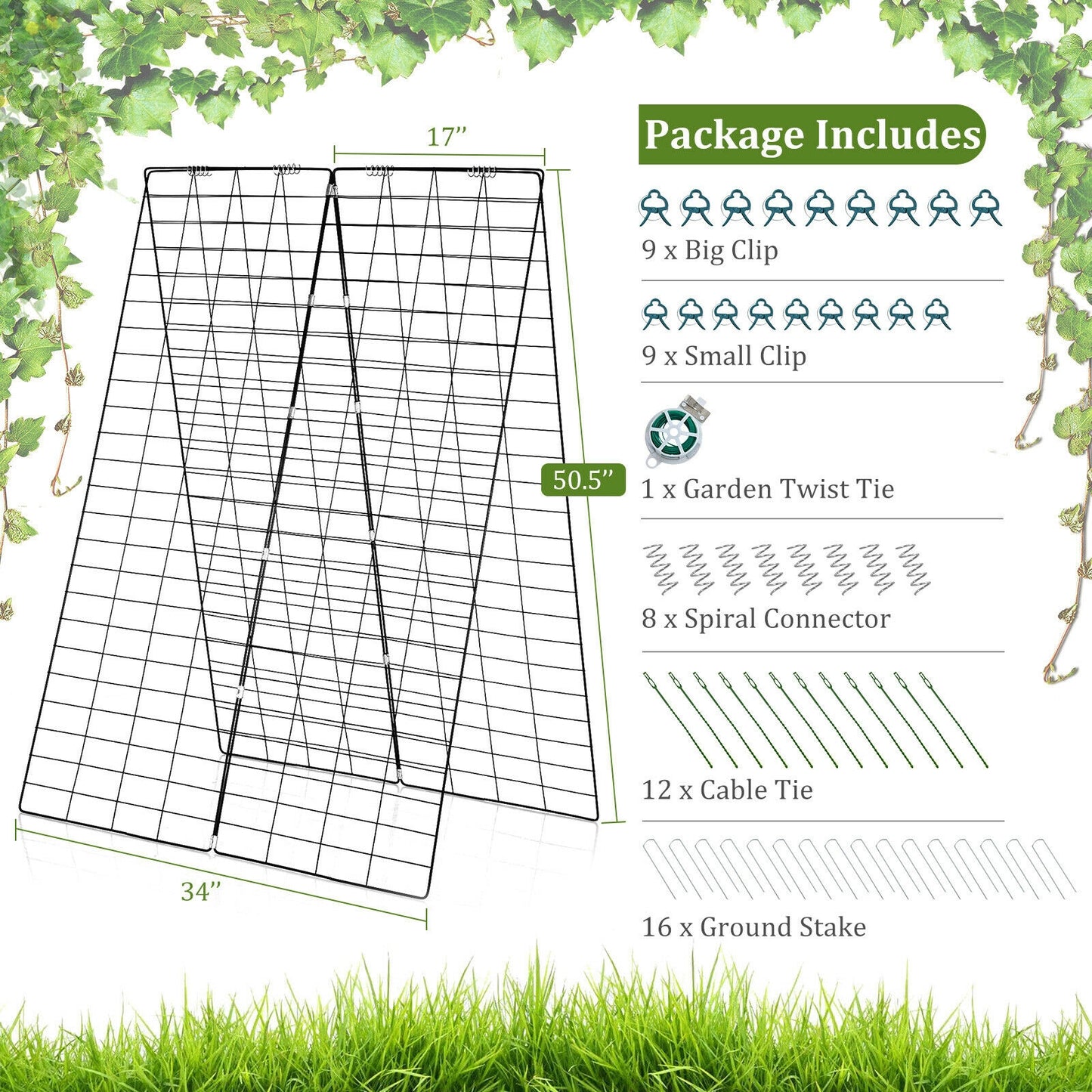 2 Pieces Foldable A-Frame Trellis Plant Supports with Twist Ties-Green Kids Crystal