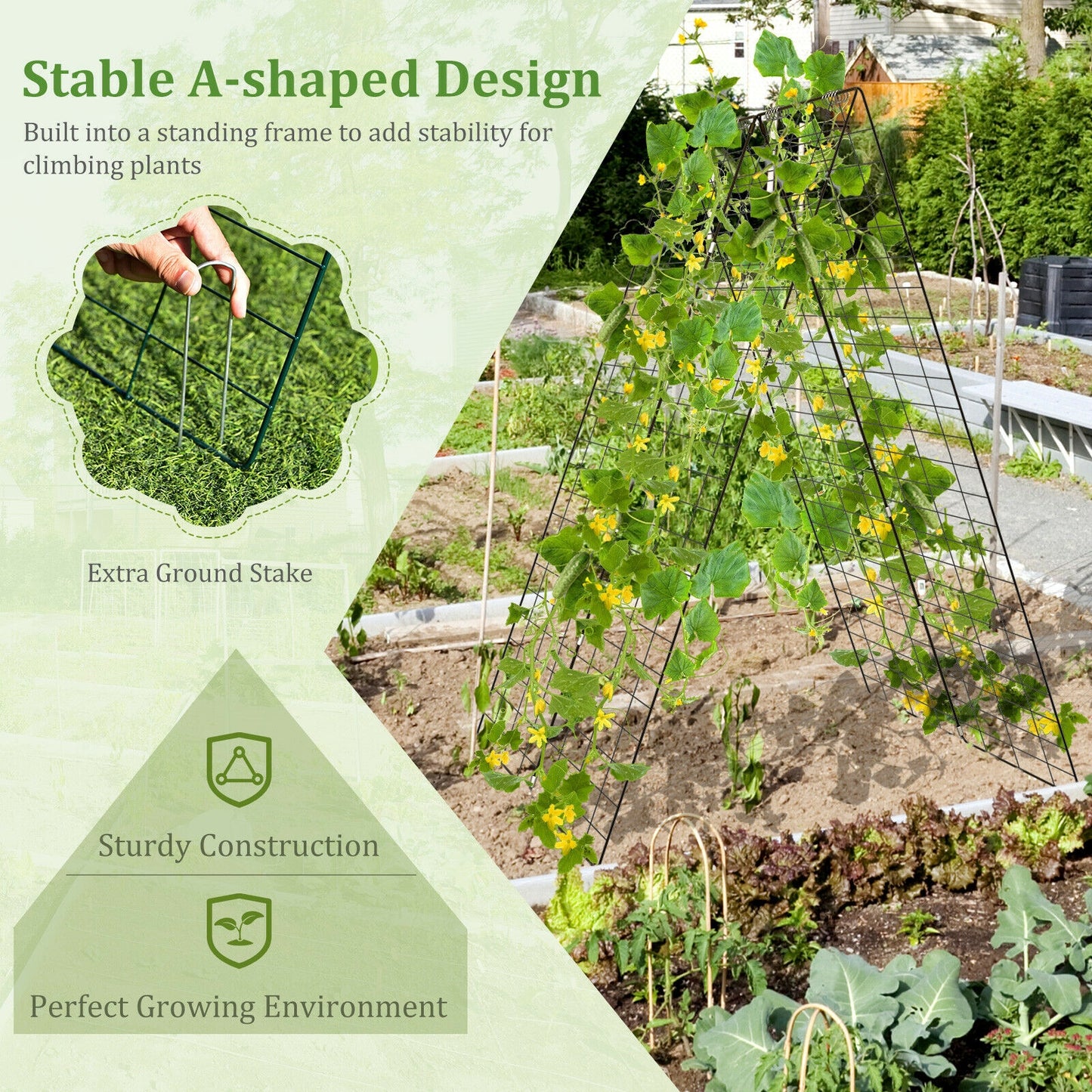 2 Pieces Foldable A-Frame Trellis Plant Supports with Twist Ties-Green Kids Crystal