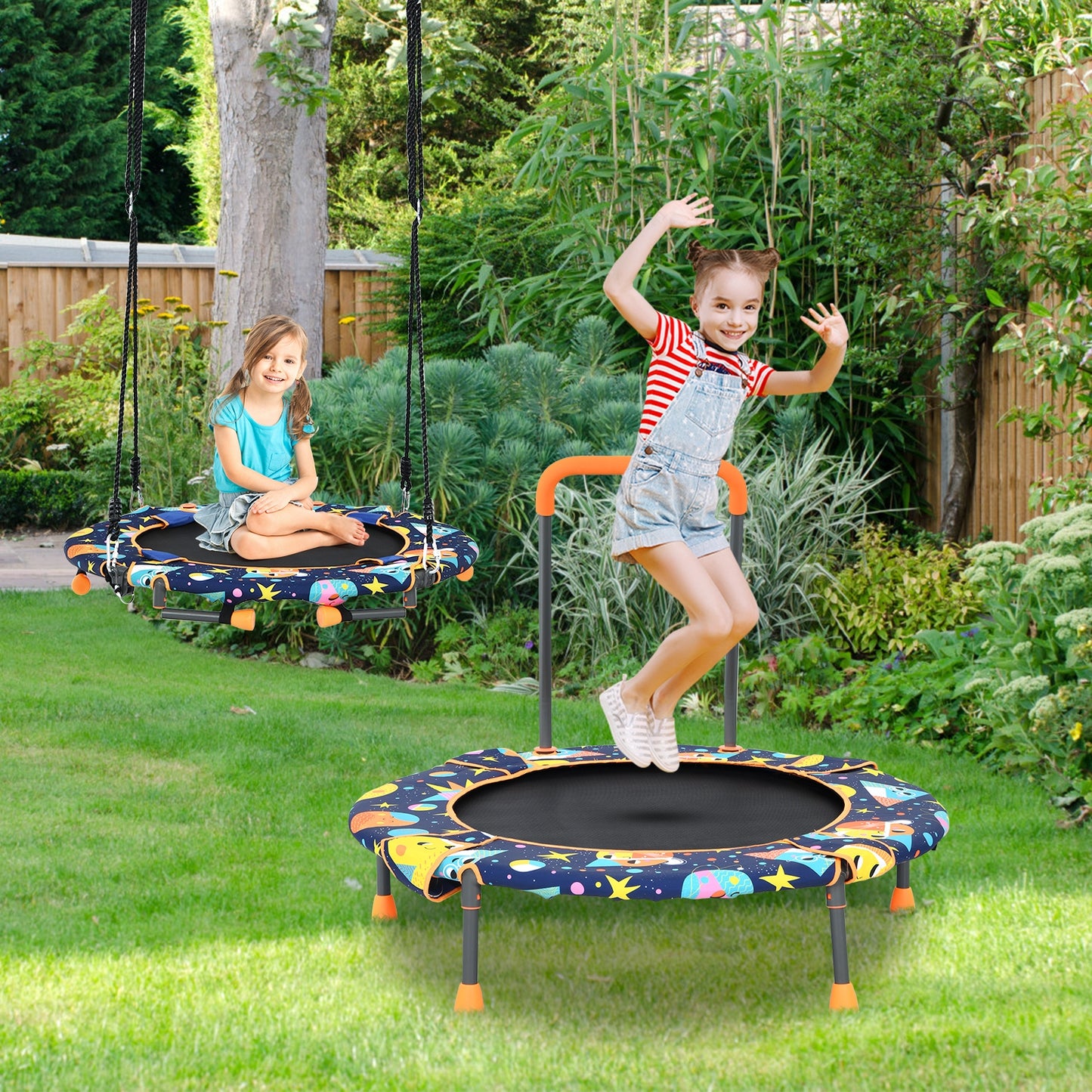 Convertible Swing and Trampoline Set with Upholstered Handrail Kids Crystal