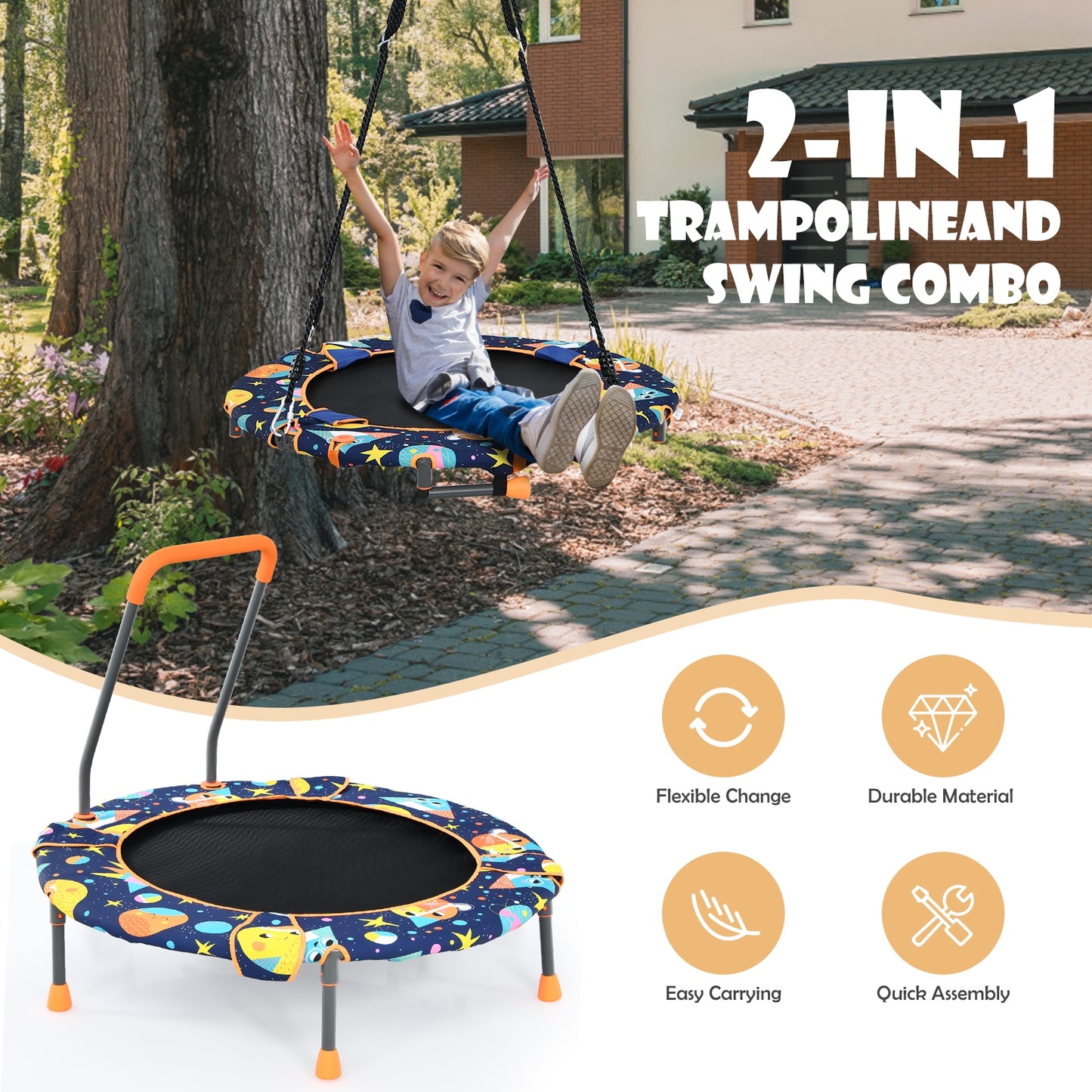 Convertible Swing and Trampoline Set with Upholstered Handrail Kids Crystal
