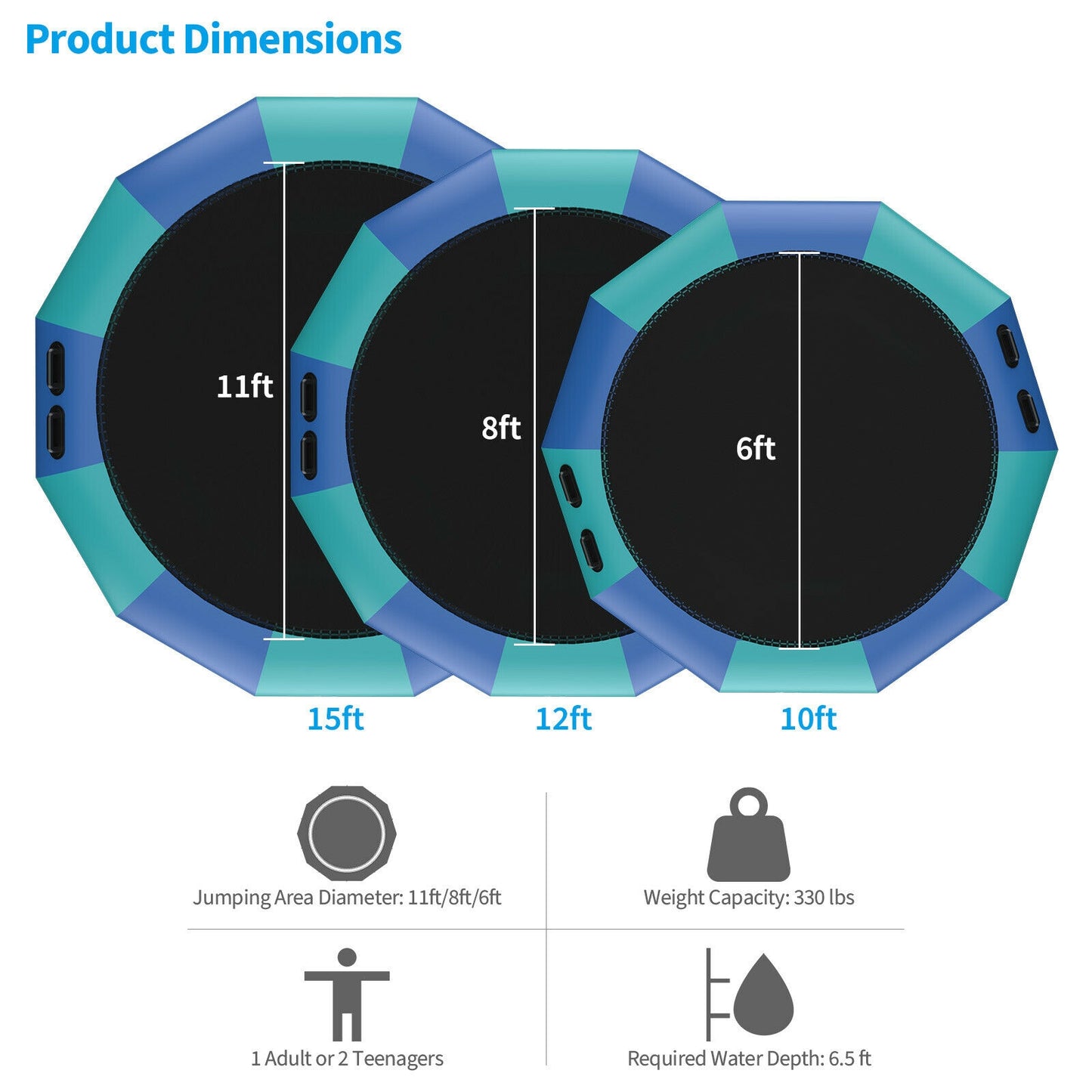 15 Feet Inflatable Splash Padded Water Bouncer Trampoline-Blue Kids Crystal