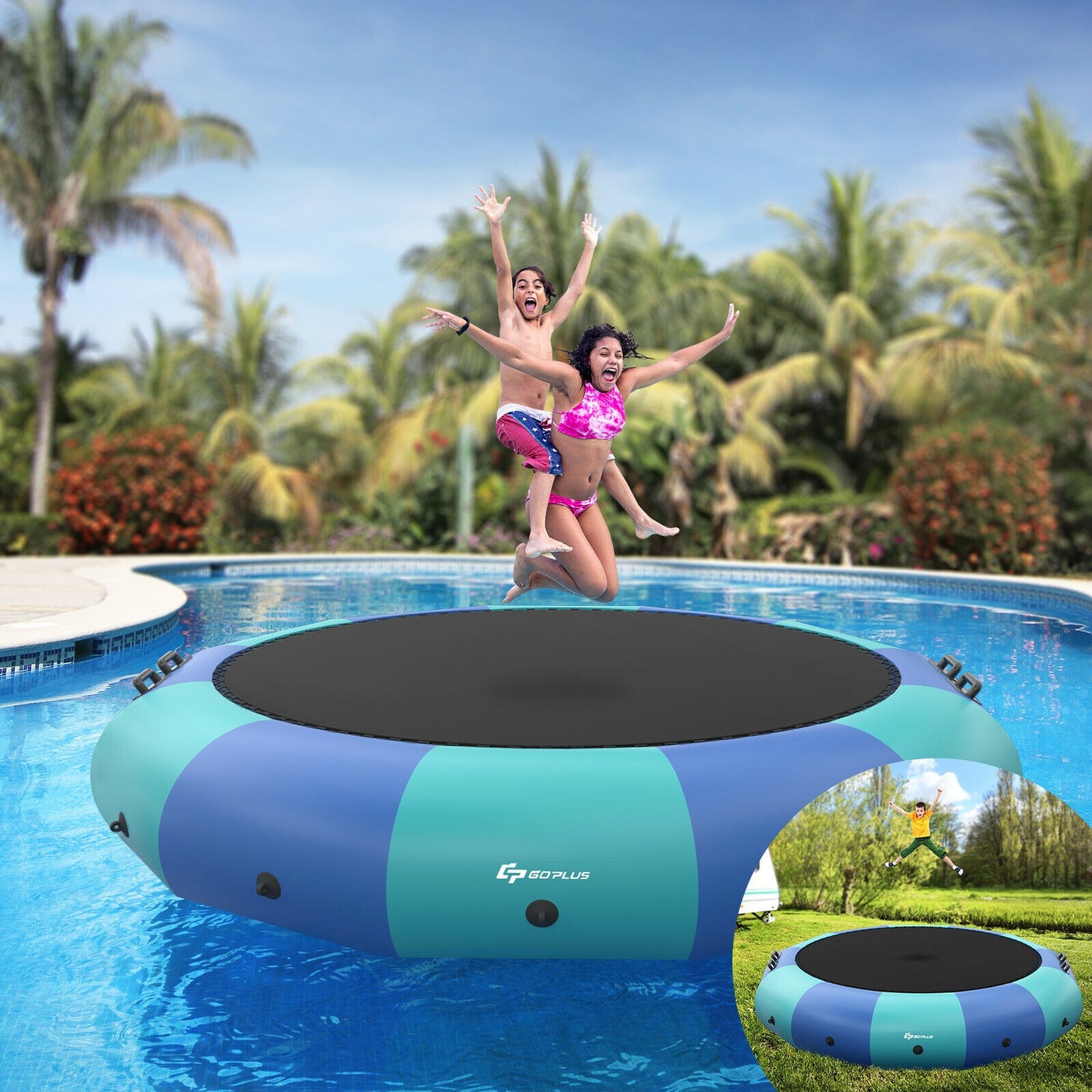 15 Feet Inflatable Splash Padded Water Bouncer Trampoline-Blue Kids Crystal