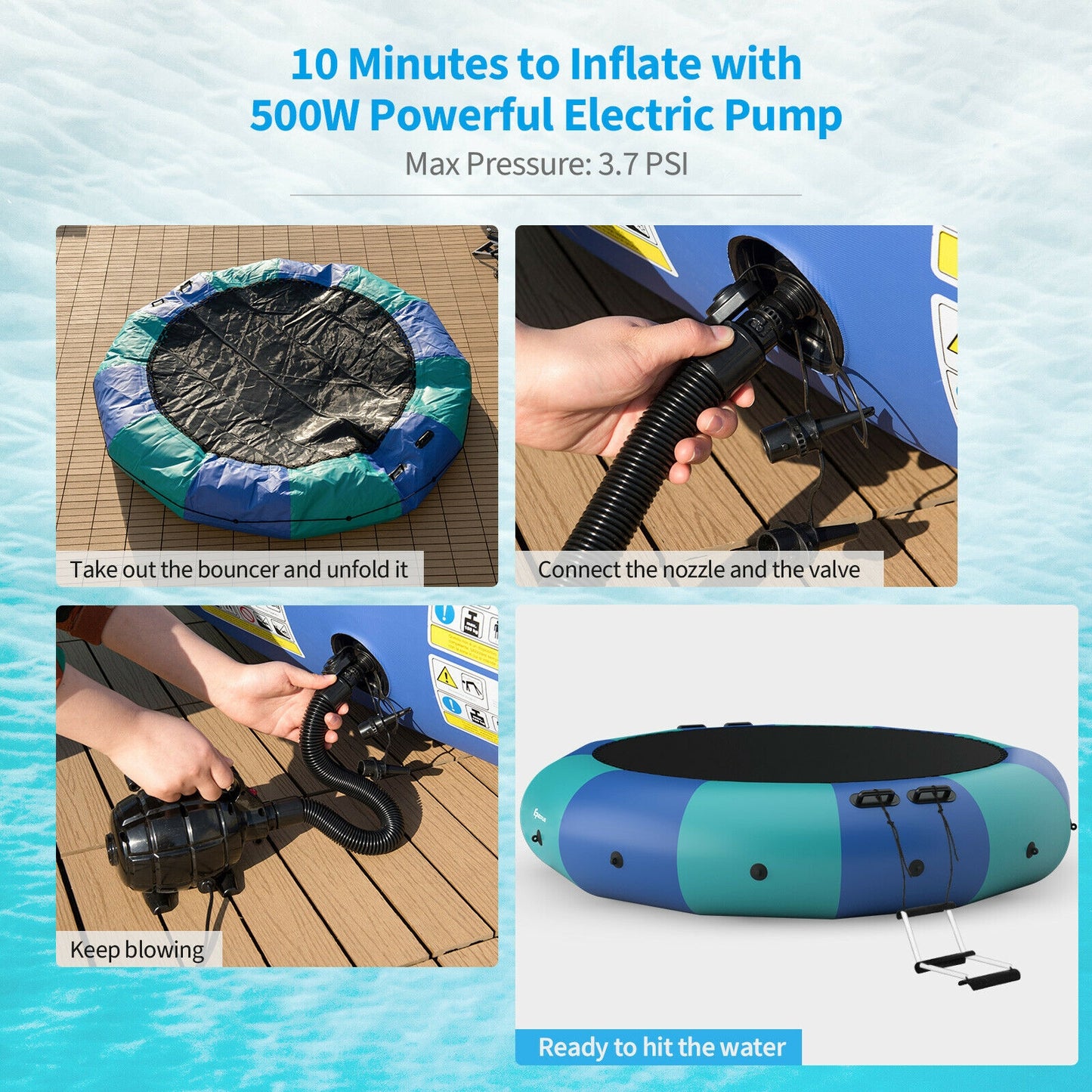 15 Feet Inflatable Splash Padded Water Bouncer Trampoline-Blue Kids Crystal