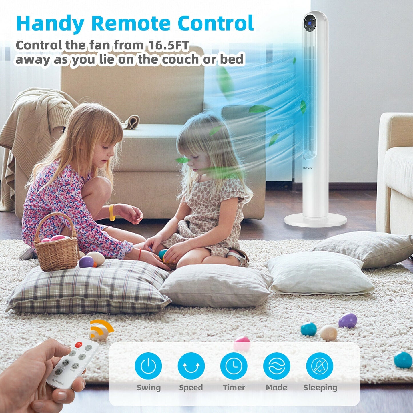 42 Inch 80 Degree Tower Fan with Smart Display Panel and Remote Control-White Kids Crystal