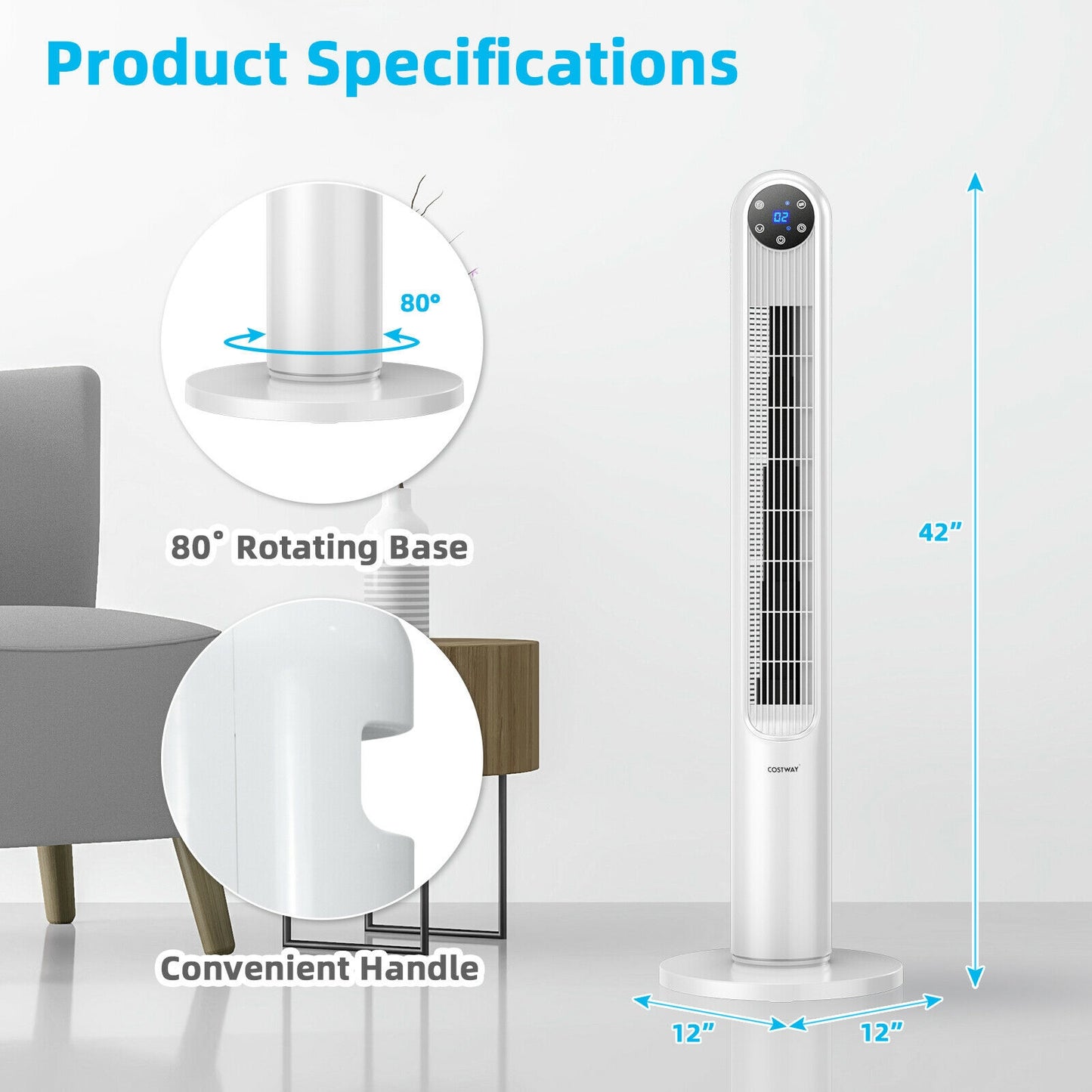 42 Inch 80 Degree Tower Fan with Smart Display Panel and Remote Control-White Kids Crystal