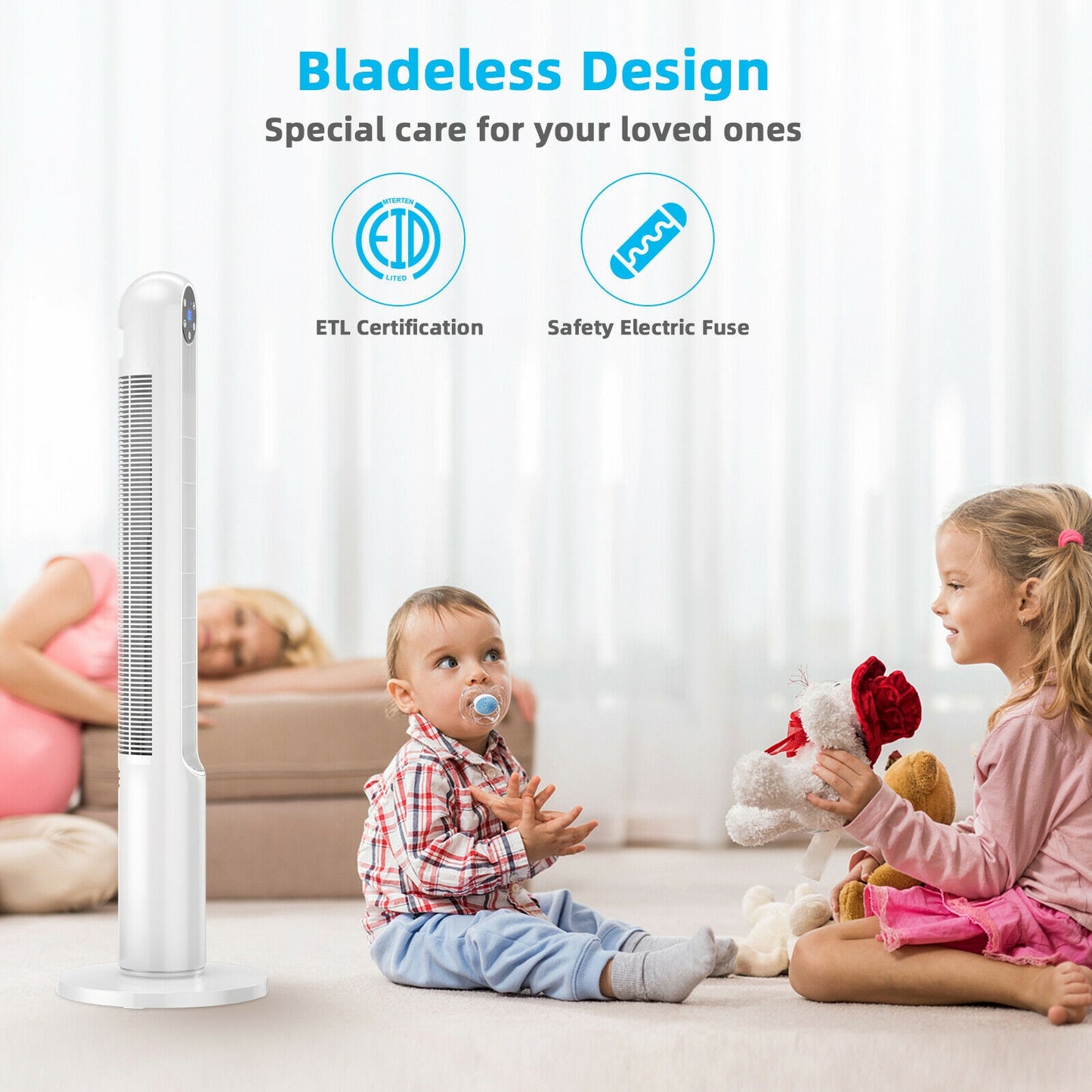 42 Inch 80 Degree Tower Fan with Smart Display Panel and Remote Control-White Kids Crystal