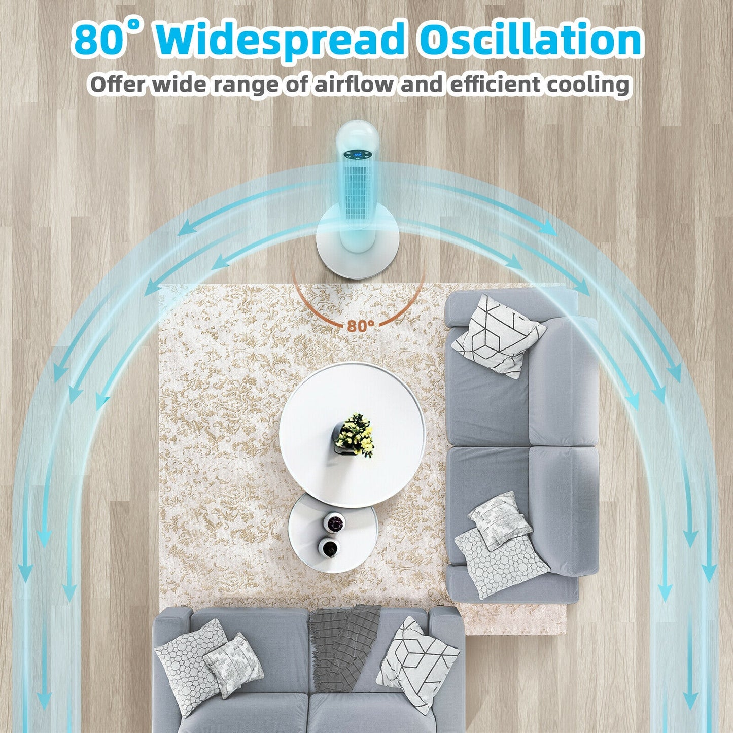 42 Inch 80 Degree Tower Fan with Smart Display Panel and Remote Control-White Kids Crystal