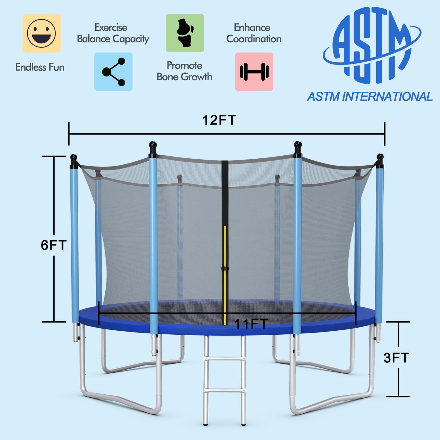 Outdoor Trampoline with Safety Closure Net-12 ft Kids Crystal