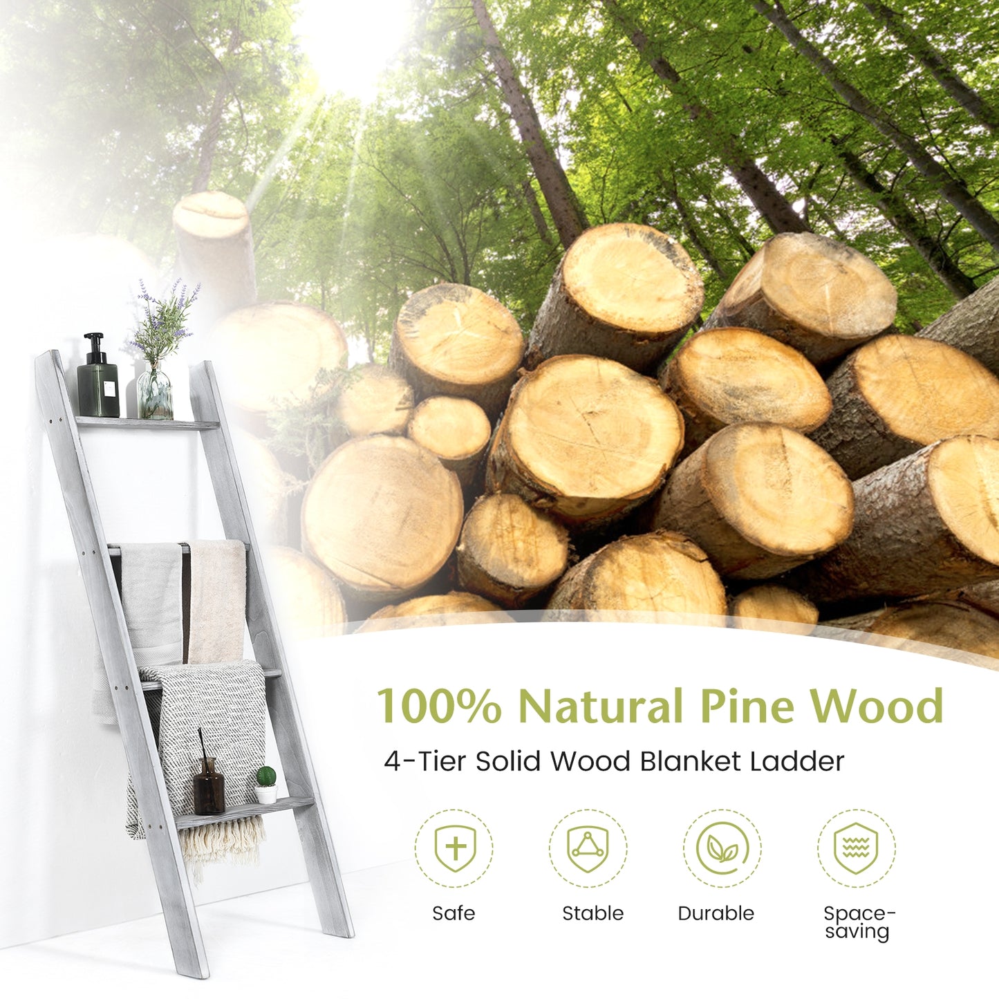 4-Tier Wall Leaning Ladder Shelf Stand-Gray Kids Crystal