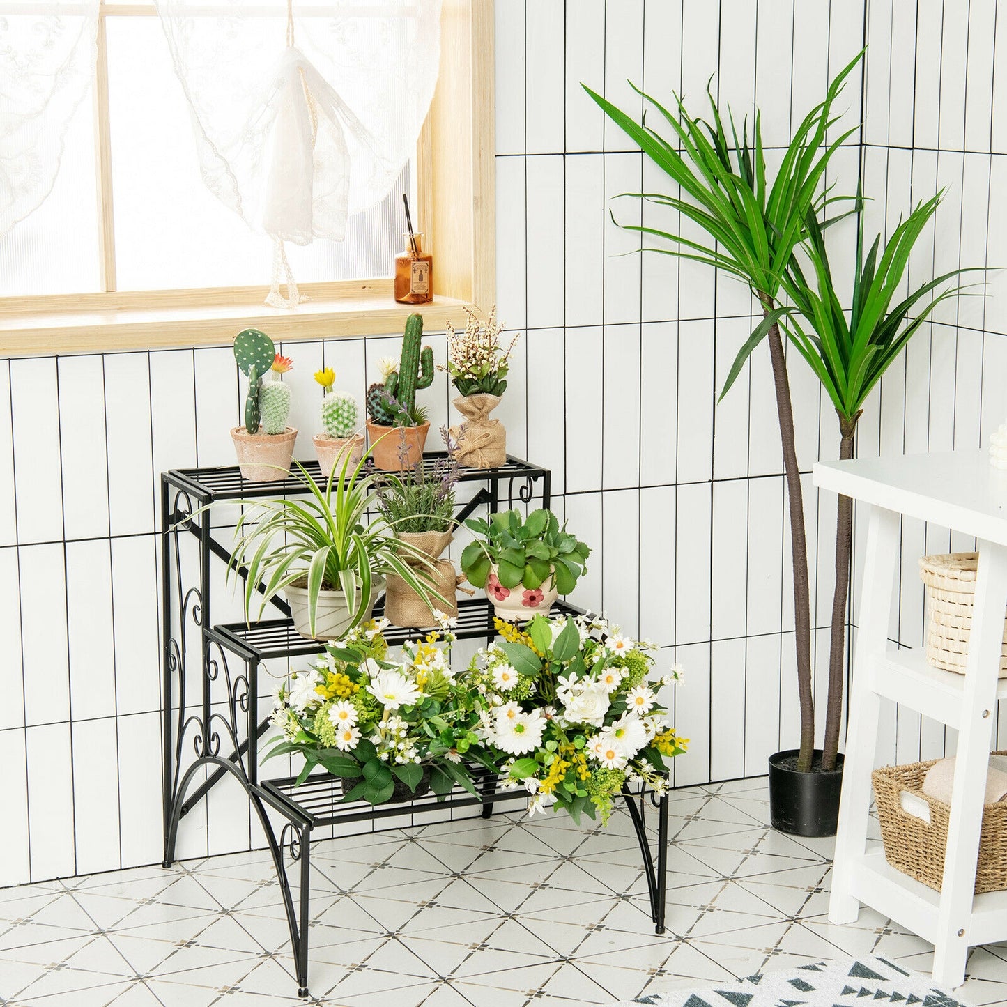 3-Tier Metal Plant Stand with Widened Grid Shelf for Porch Garden-Black Kids Crystal