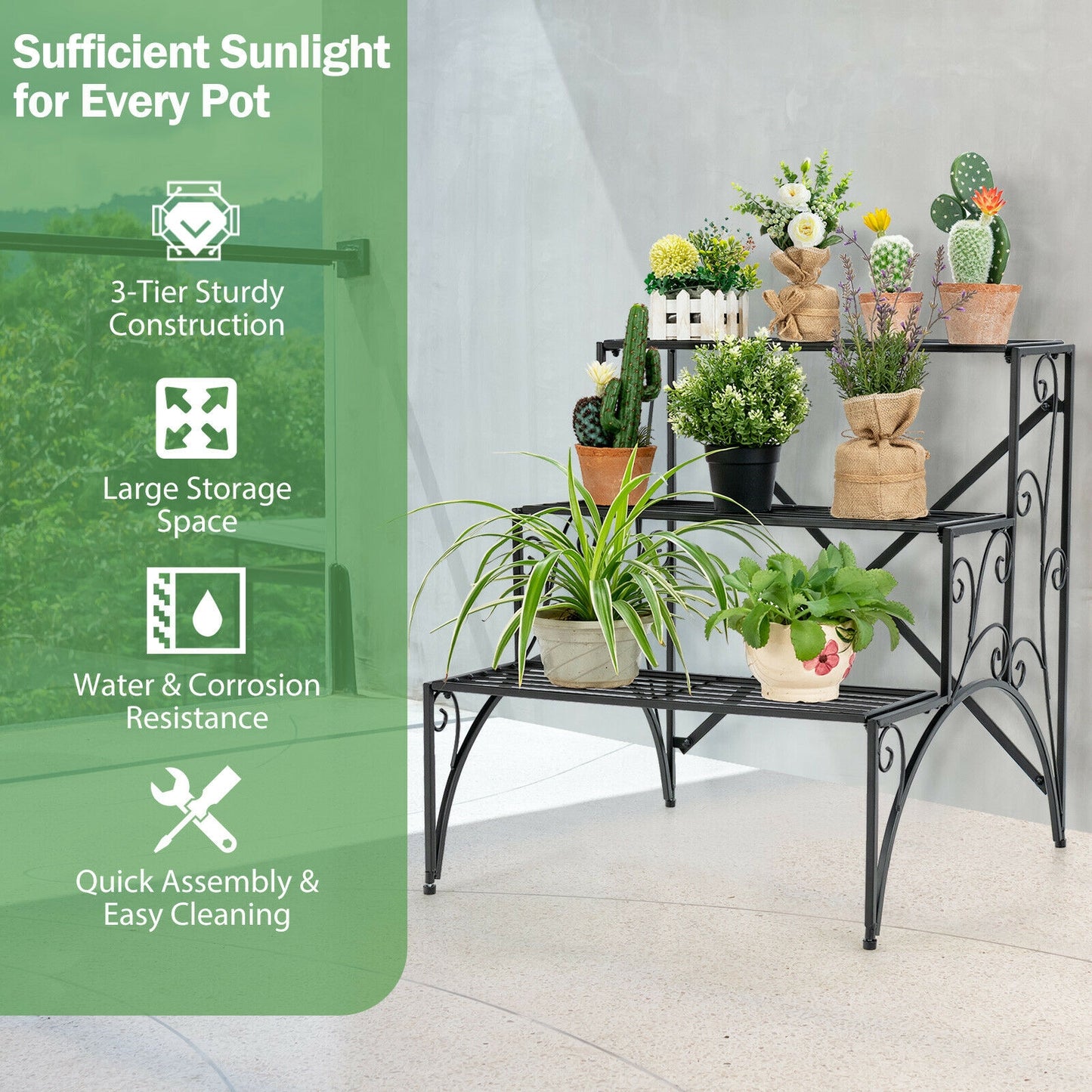 3-Tier Metal Plant Stand with Widened Grid Shelf for Porch Garden-Black Kids Crystal