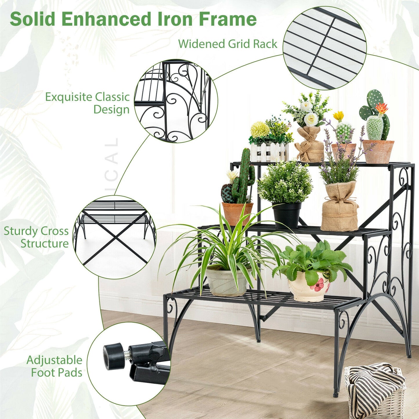 3-Tier Metal Plant Stand with Widened Grid Shelf for Porch Garden-Black Kids Crystal