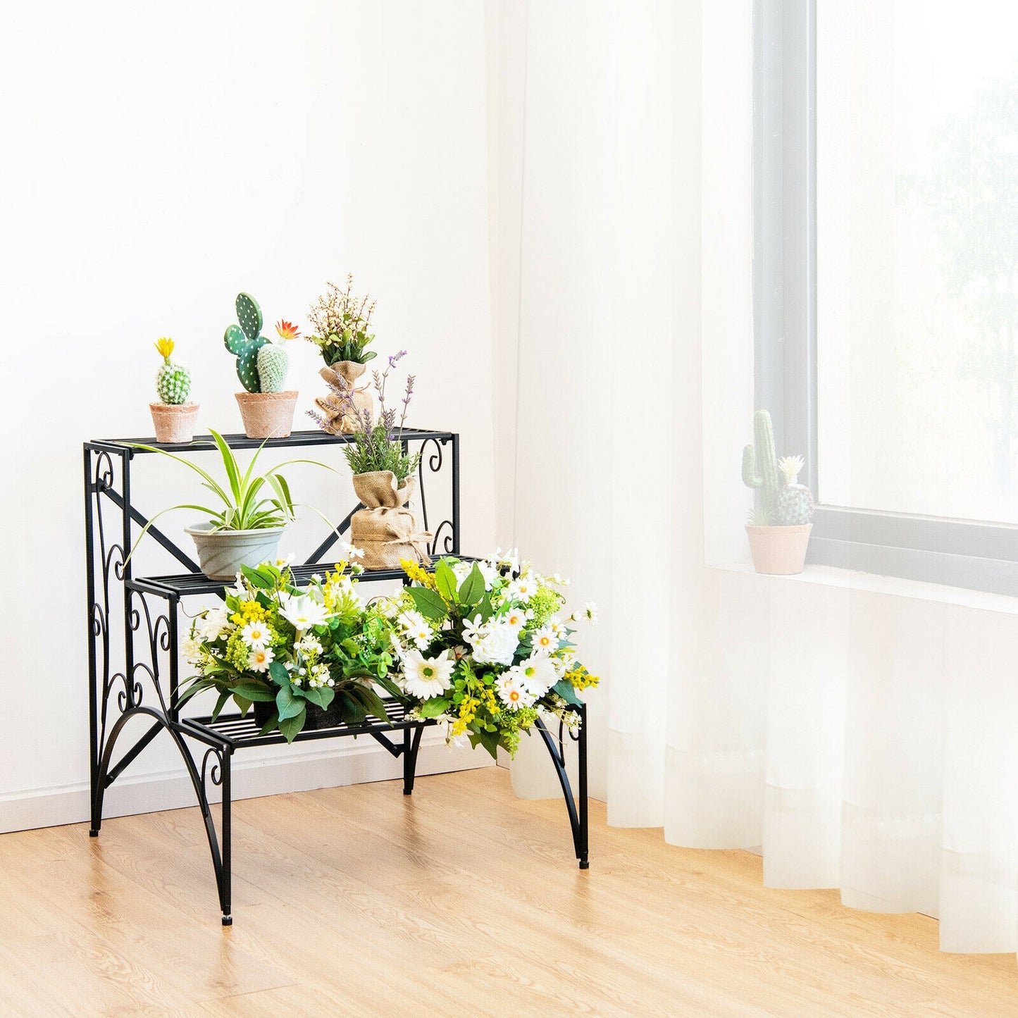 3-Tier Metal Plant Stand with Widened Grid Shelf for Porch Garden-Black Kids Crystal