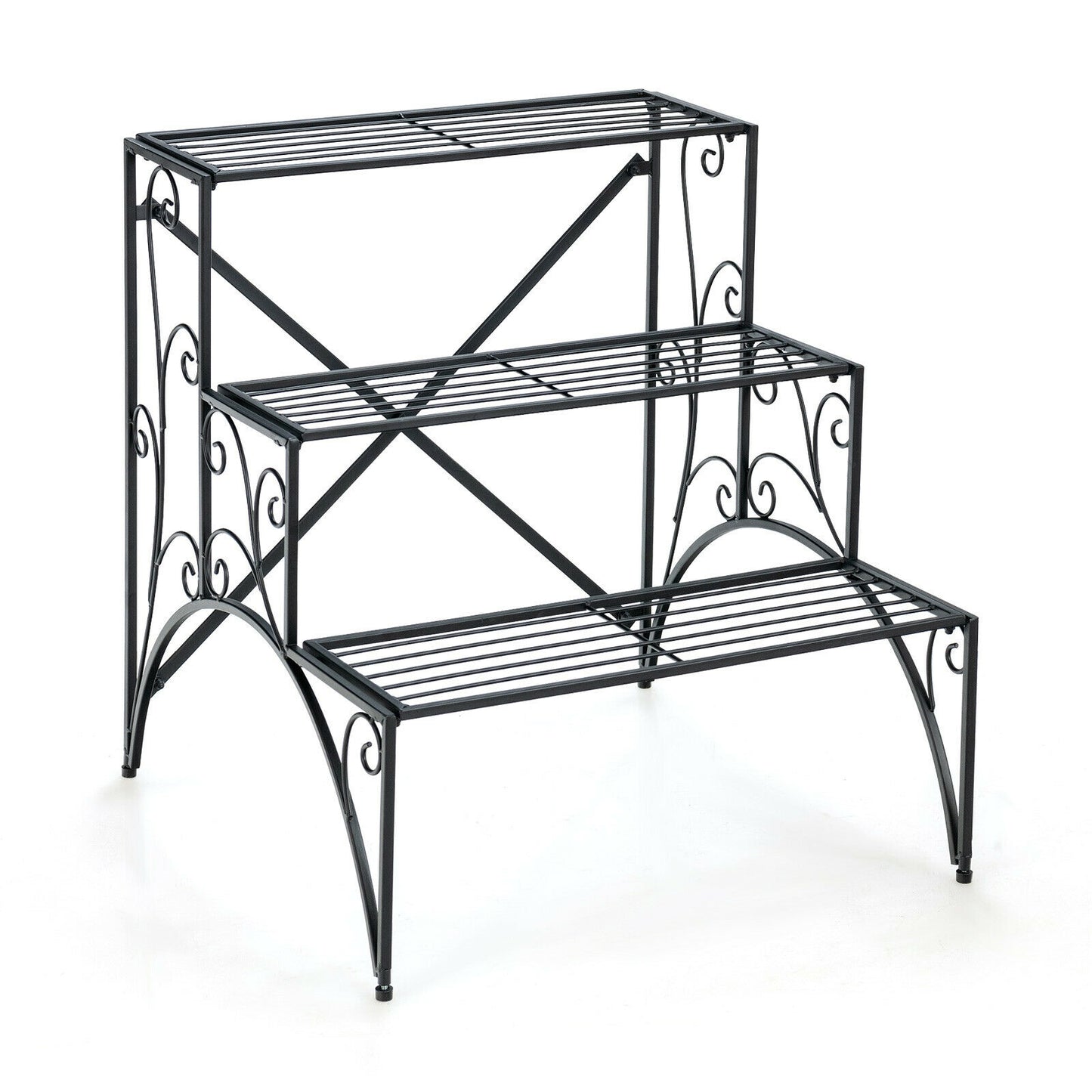 3-Tier Metal Plant Stand with Widened Grid Shelf for Porch Garden-Black Kids Crystal