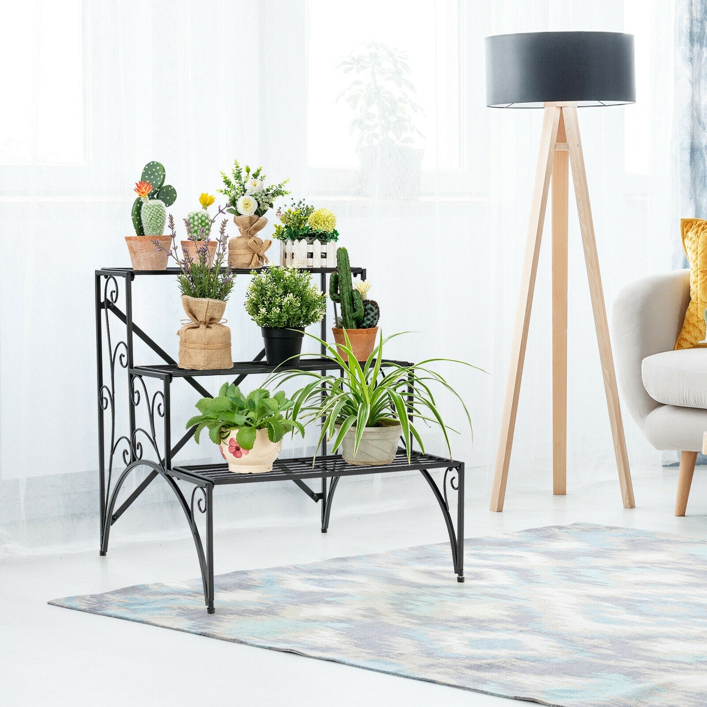 3-Tier Metal Plant Stand with Widened Grid Shelf for Porch Garden-Black Kids Crystal