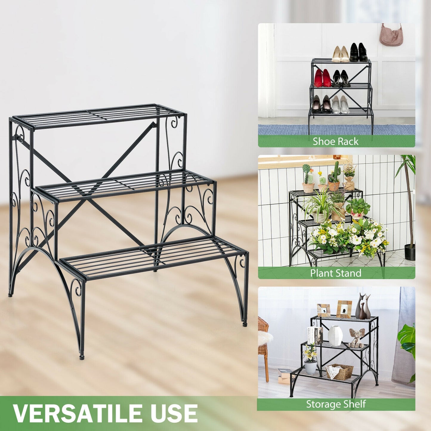 3-Tier Metal Plant Stand with Widened Grid Shelf for Porch Garden-Black Kids Crystal