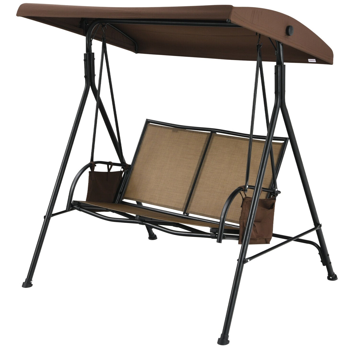 2 Seat Patio Porch Swing with Adjustable Canopy Storage Pockets Brown Kids Crystal