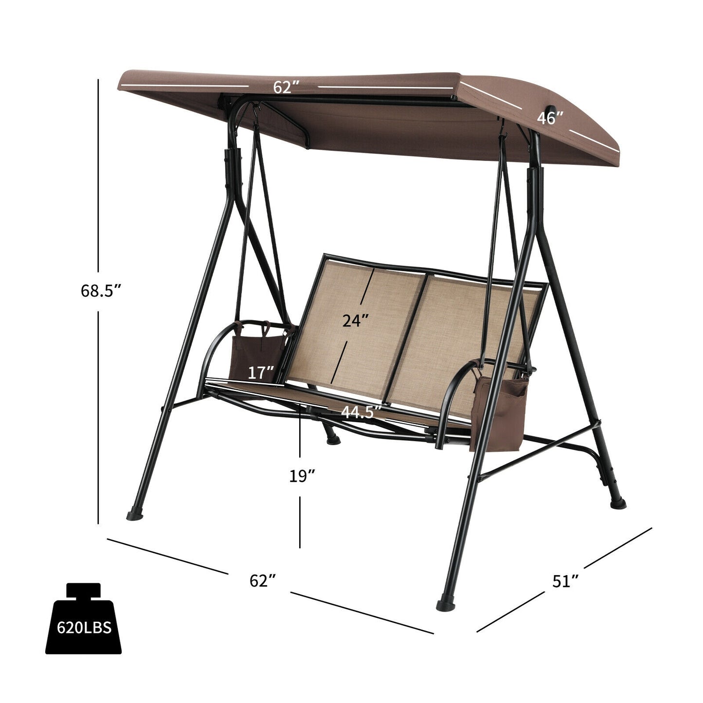 2 Seat Patio Porch Swing with Adjustable Canopy Storage Pockets Brown Kids Crystal