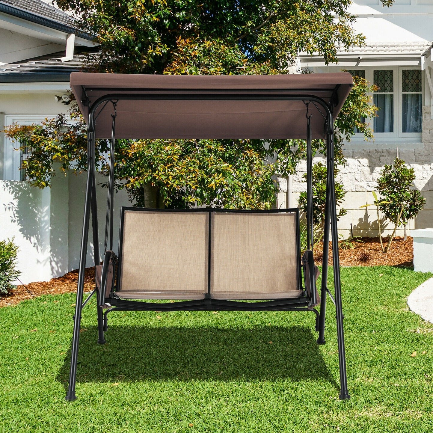 2 Seat Patio Porch Swing with Adjustable Canopy Storage Pockets Brown Kids Crystal